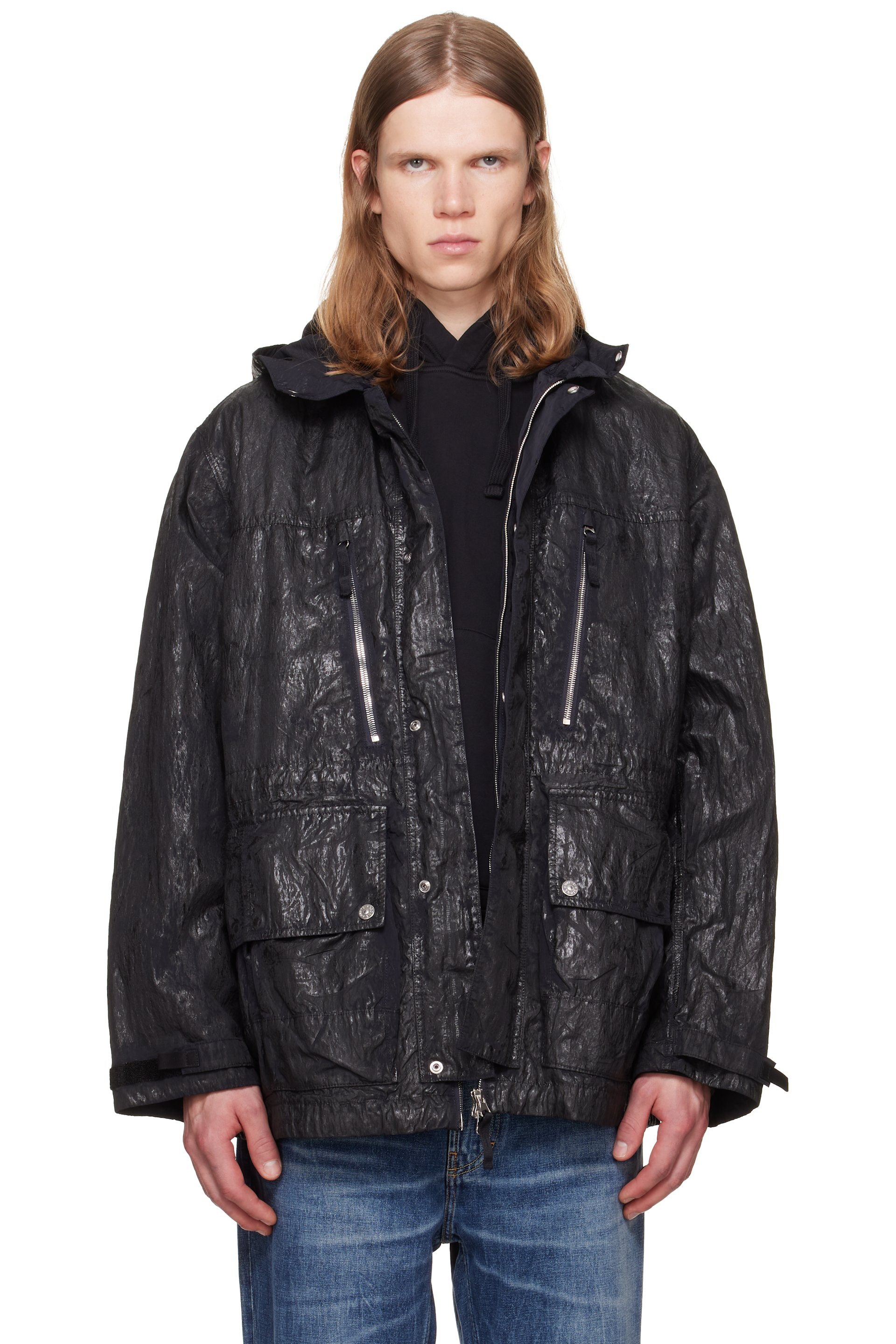 Stone Island - Blouson Q100027 Tela-TC noir en nylon enduit