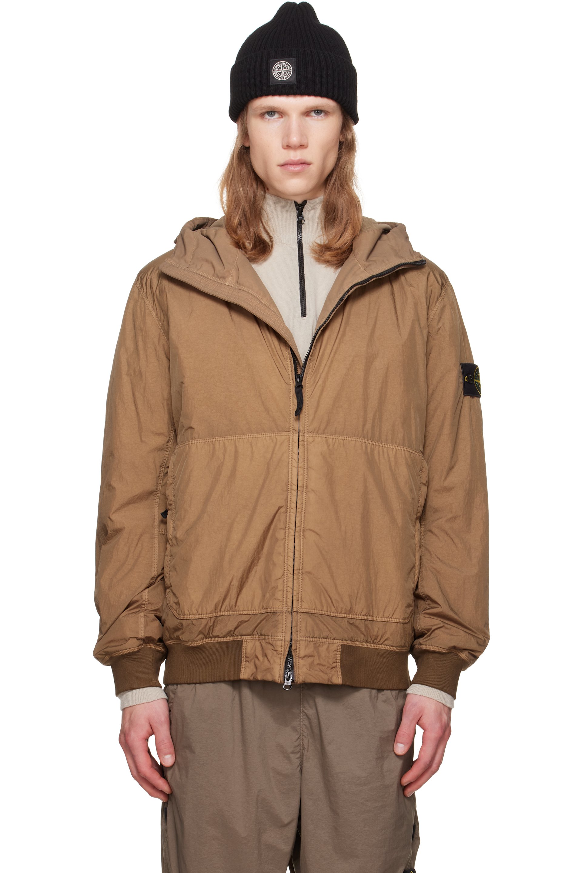 Stone Island - Blouson 4100001 kaki en taffetas froissé de nylon à reps