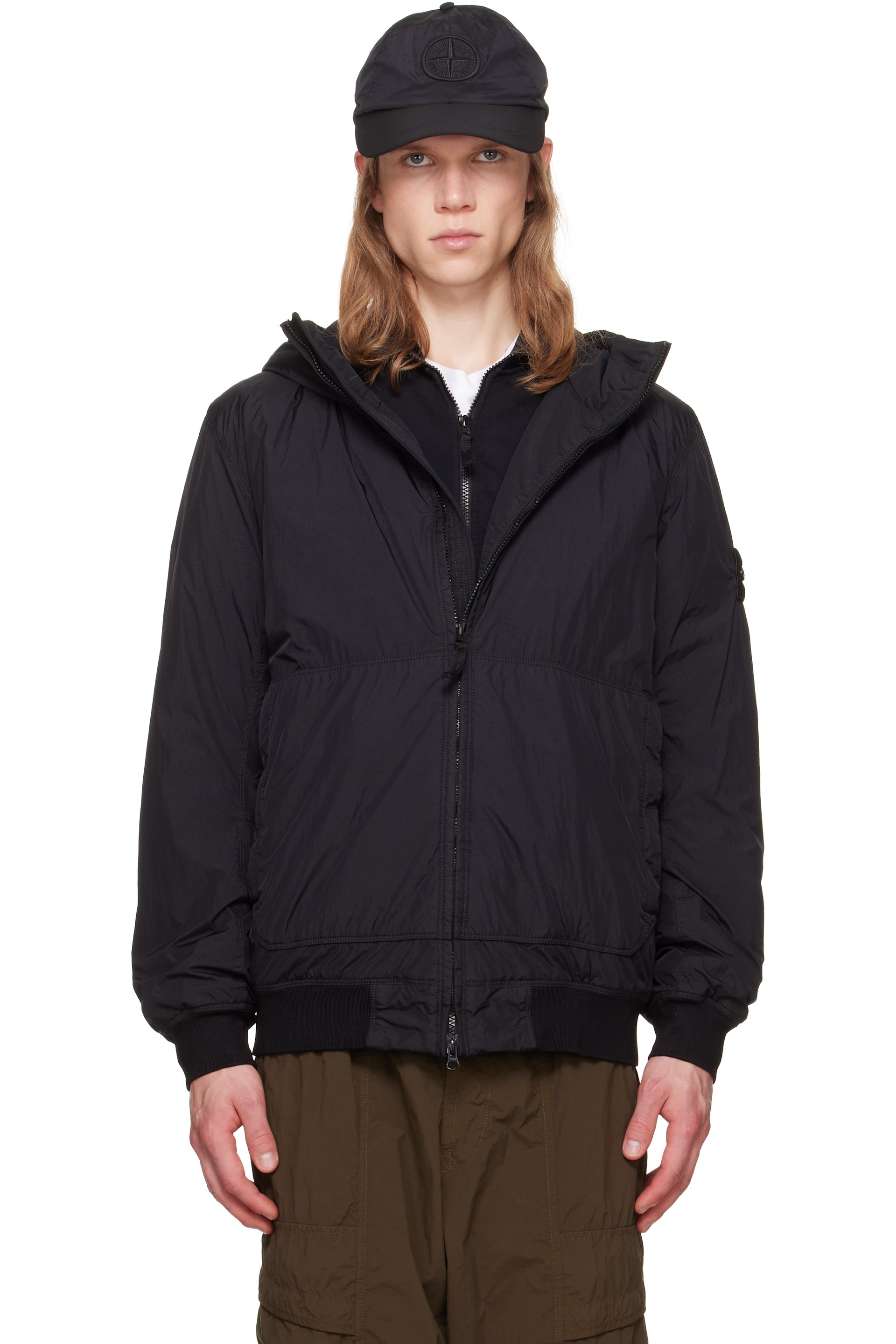 Stone Island - Blouson 4100001 noir en taffetas froissé de nylon à reps