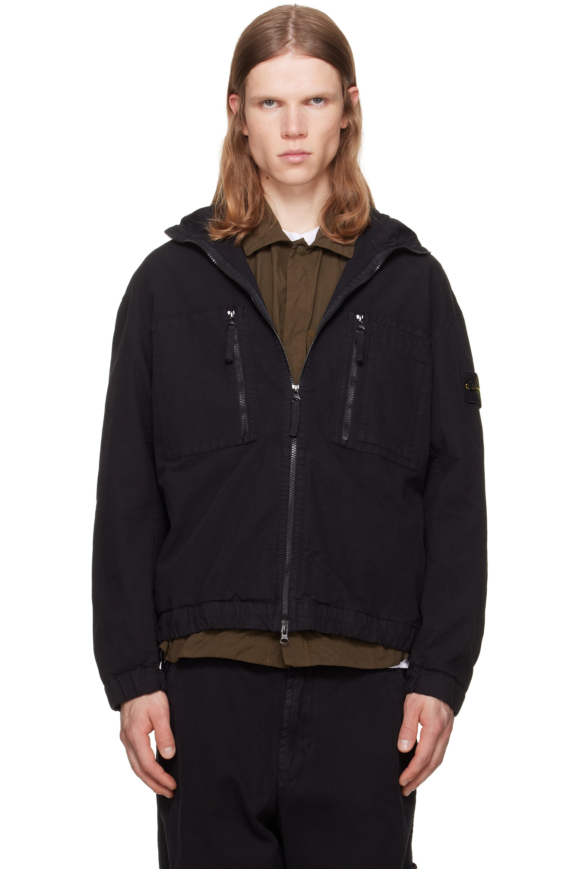 Stone Island - Blouson 1200011 noir en tissu antidéchirures de coton bio