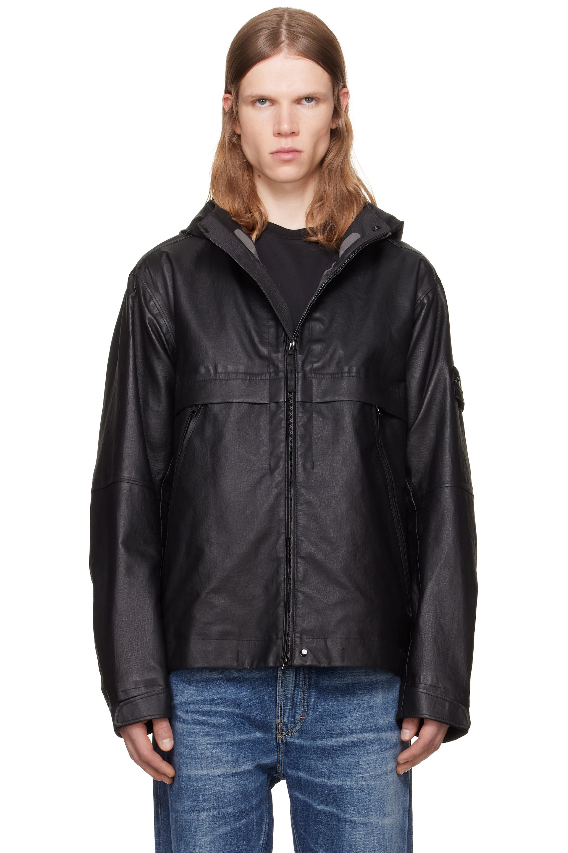 Stone Island - Blouson 0100001 noir en cuir à doublure en organza