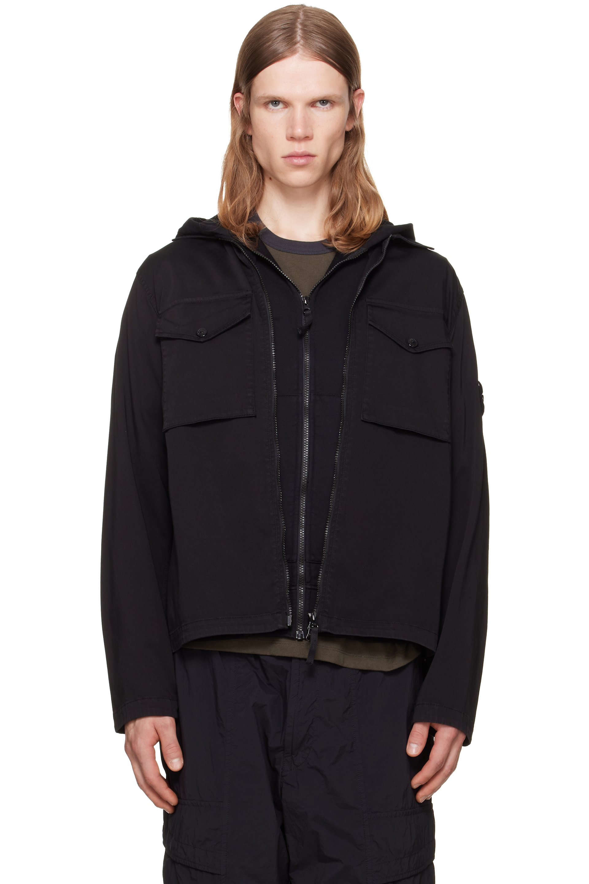 Stone Island - Surchemise 1200010 noire en satin de coton bio