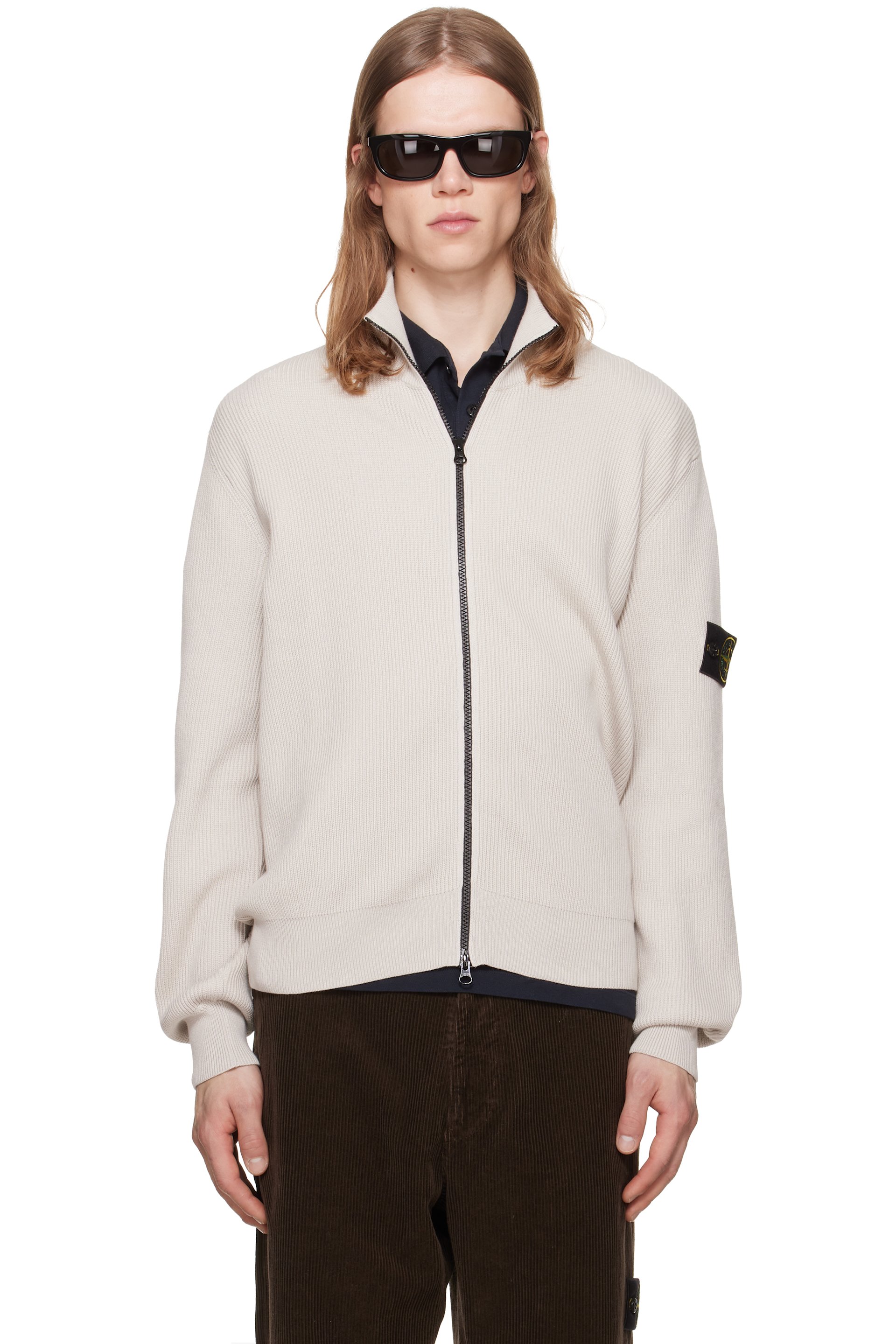 Stone Island - Pull 5100126 beige en tricot côtelé de coton bio