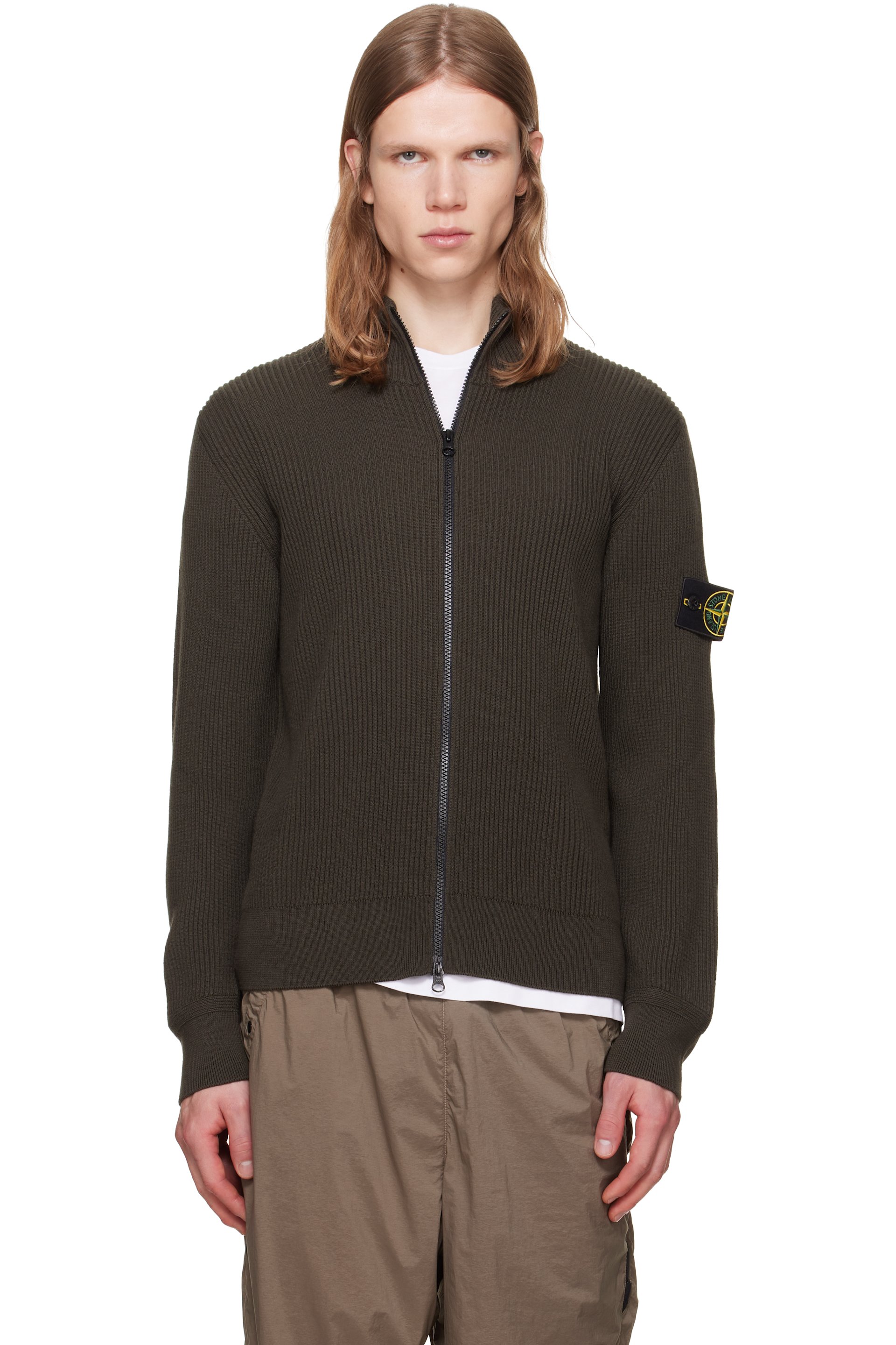 Stone Island - Pull molletonné 5100017 brun en tricot côtelé de laine certifiée RWS