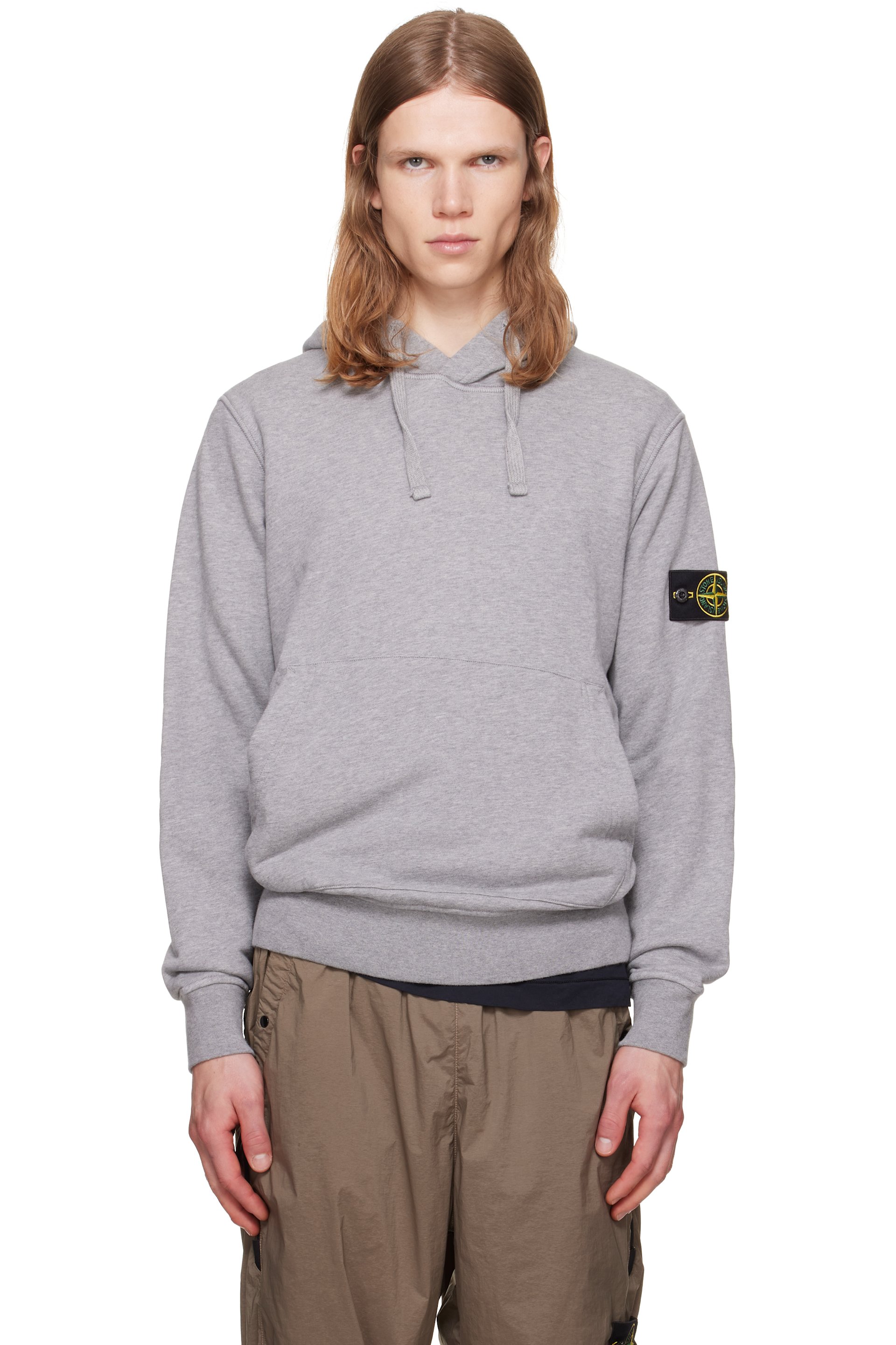 Stone Island - Pull à capuche 6100062 gris en molleton de coton bio