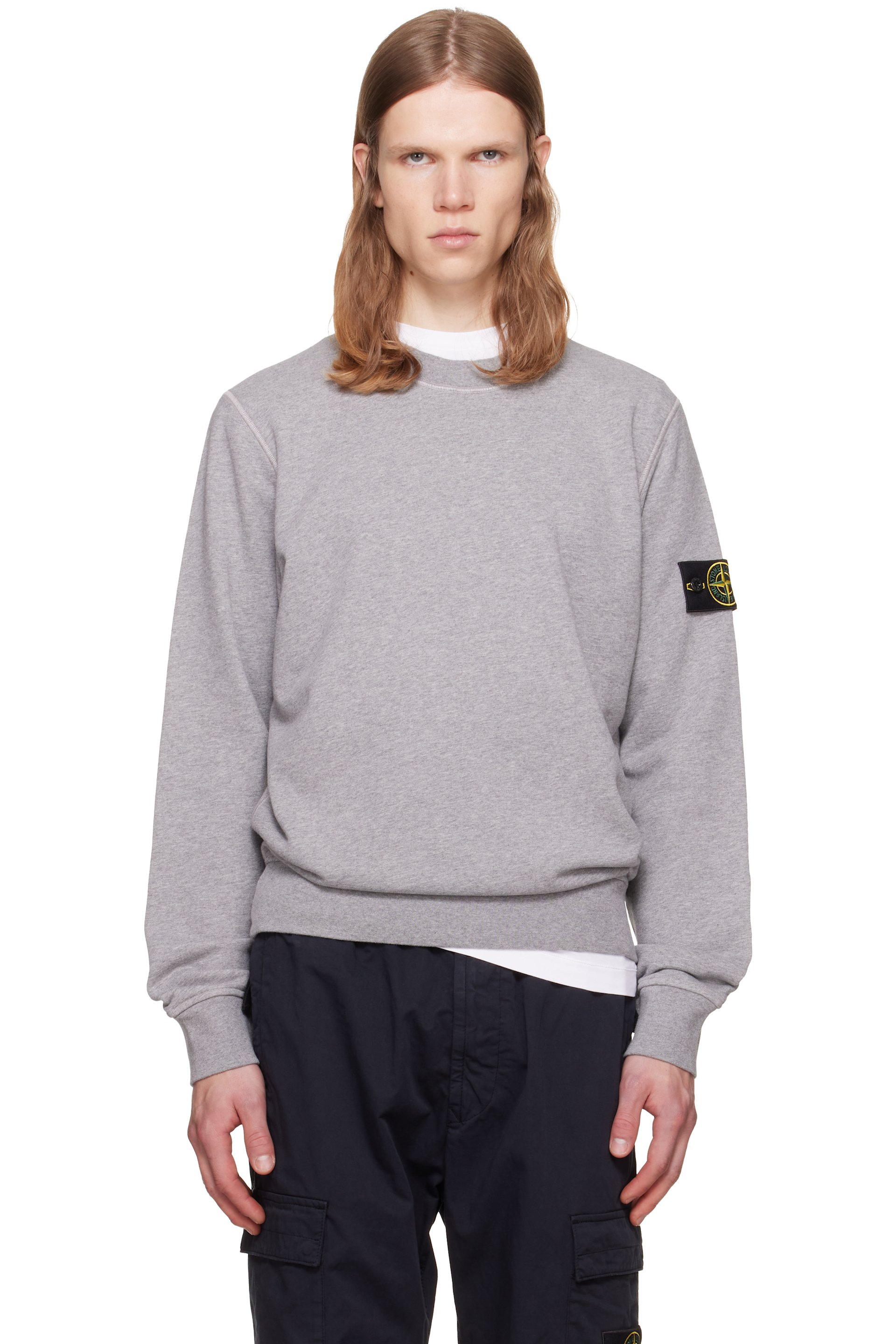 Stone Island - Pull molletonné gris en molleton de coton bio