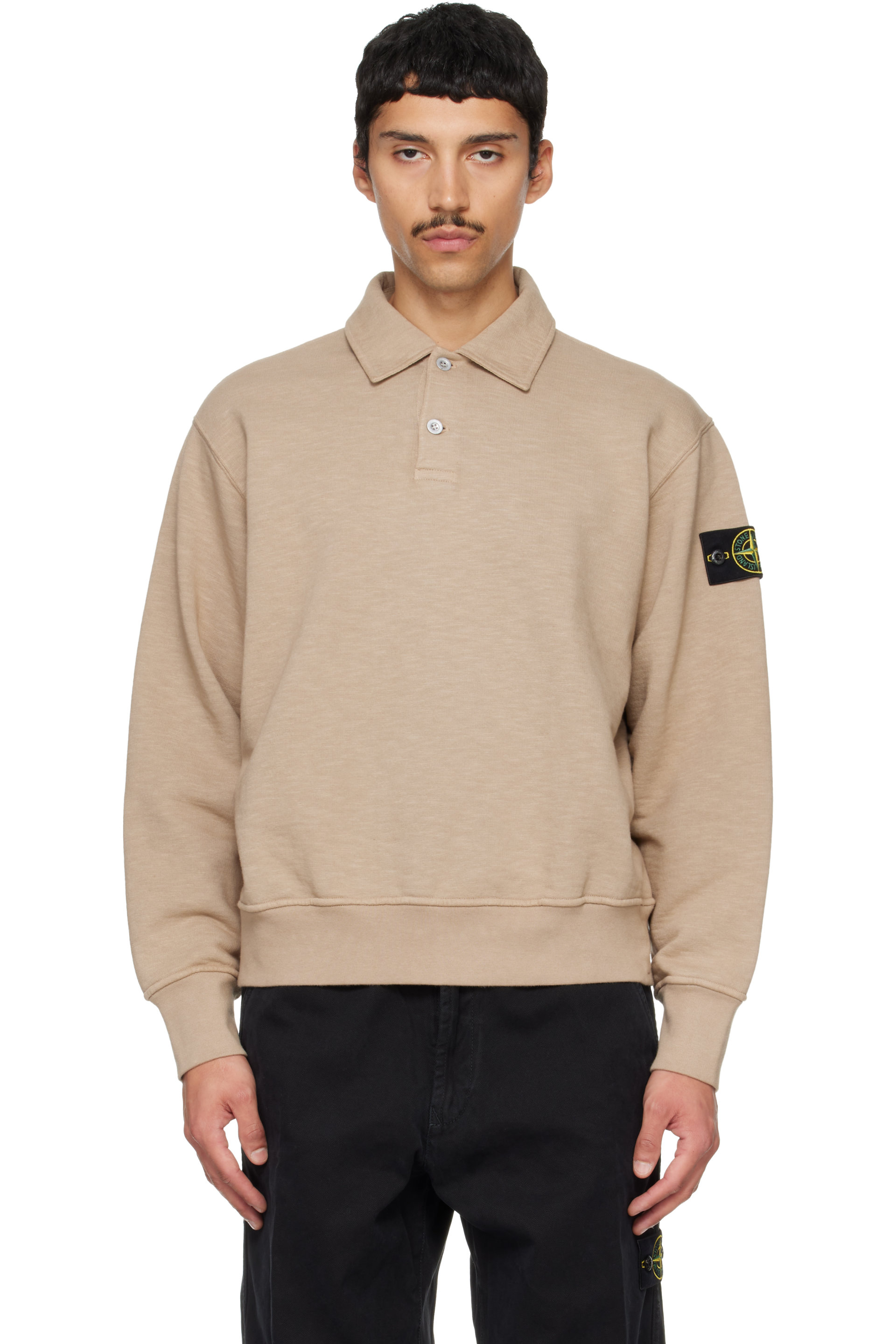 Stone Island - Beige 6100054 Cotton Fleece Long Sleeve Polo