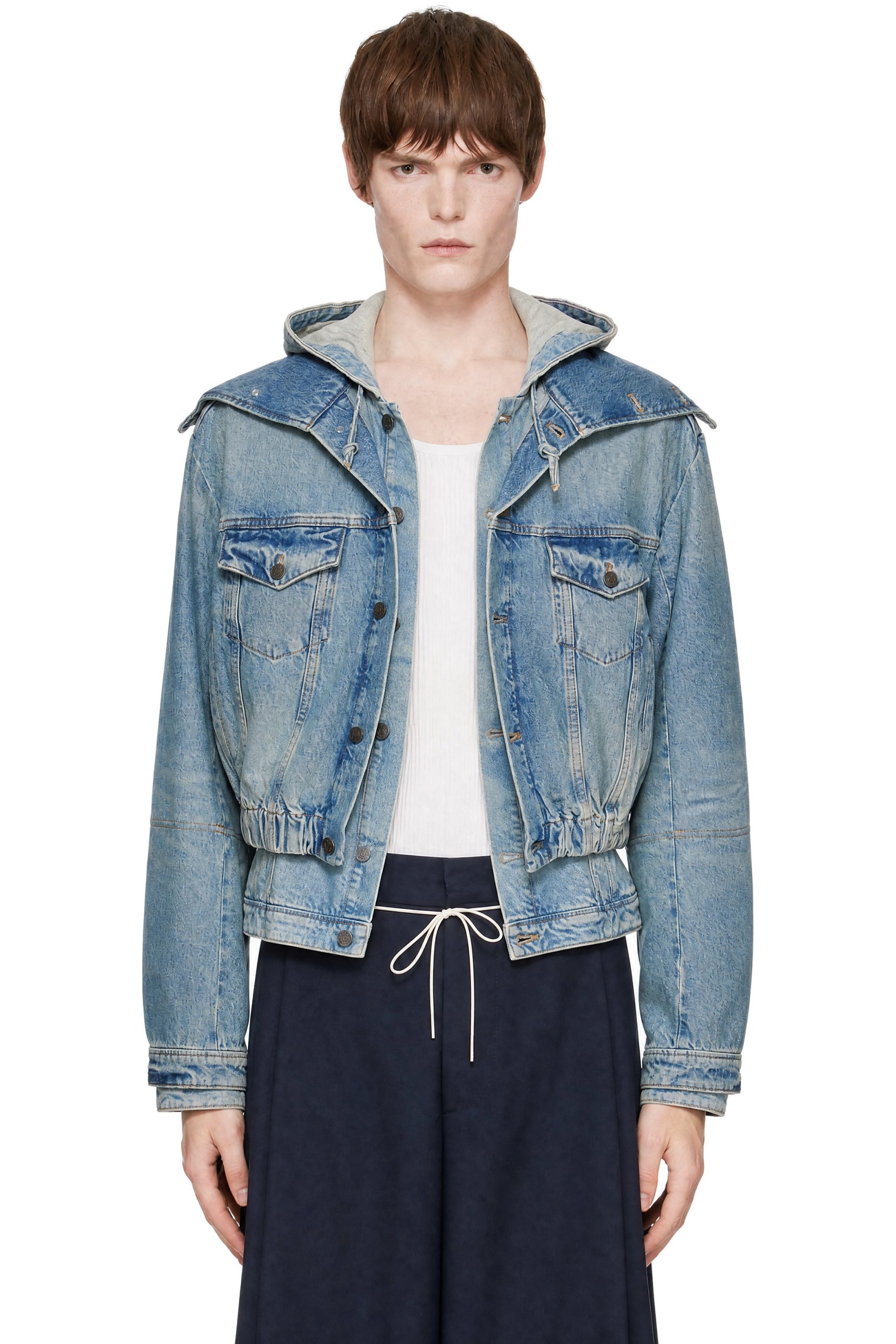 EGONlab - Blue Hooded Denim Bomber Jacket