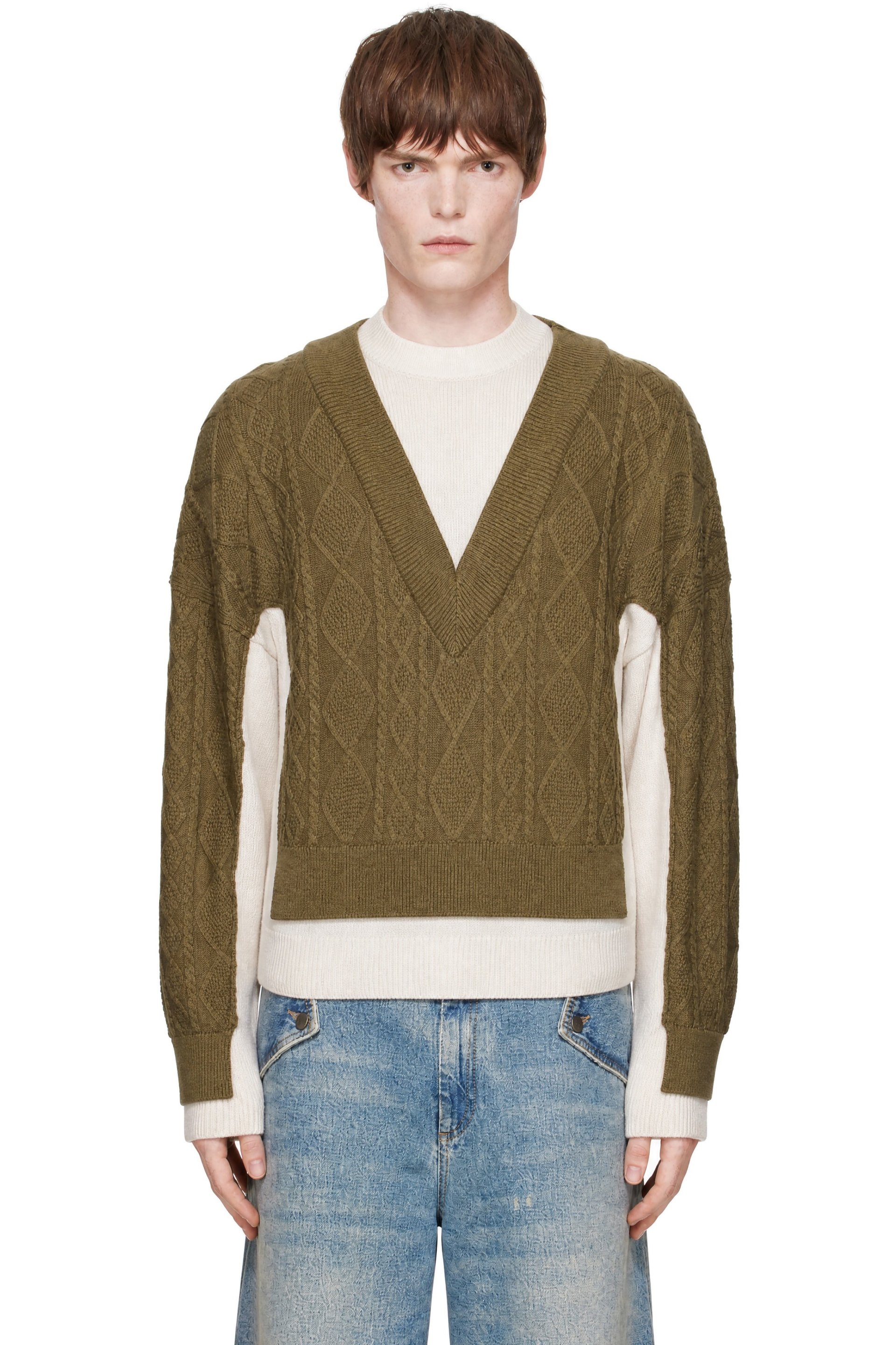 EGONlab - Khaki & White Double V-Neck Sweater