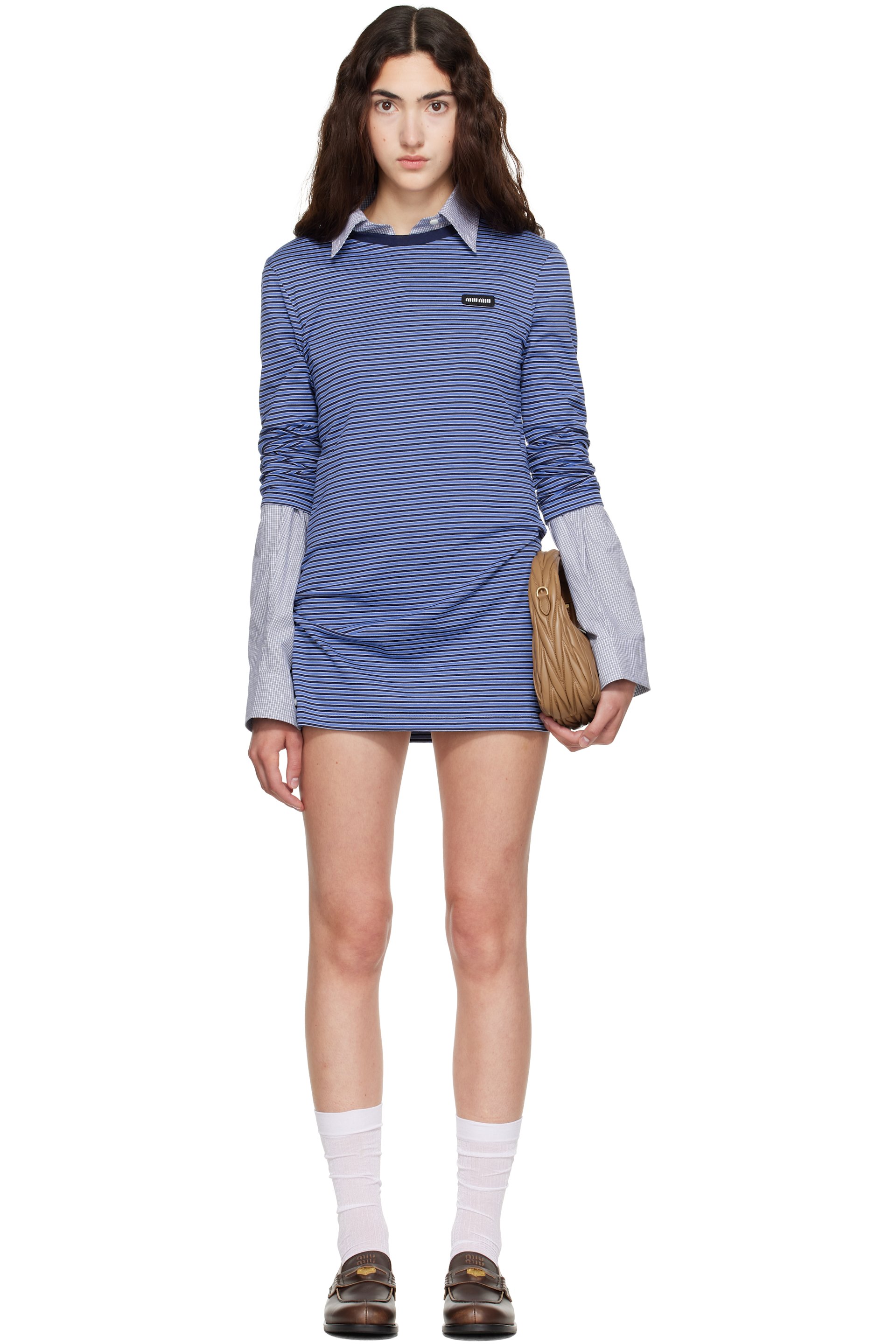 Miu Miu - Blue Striped Long Sleeve Minidress