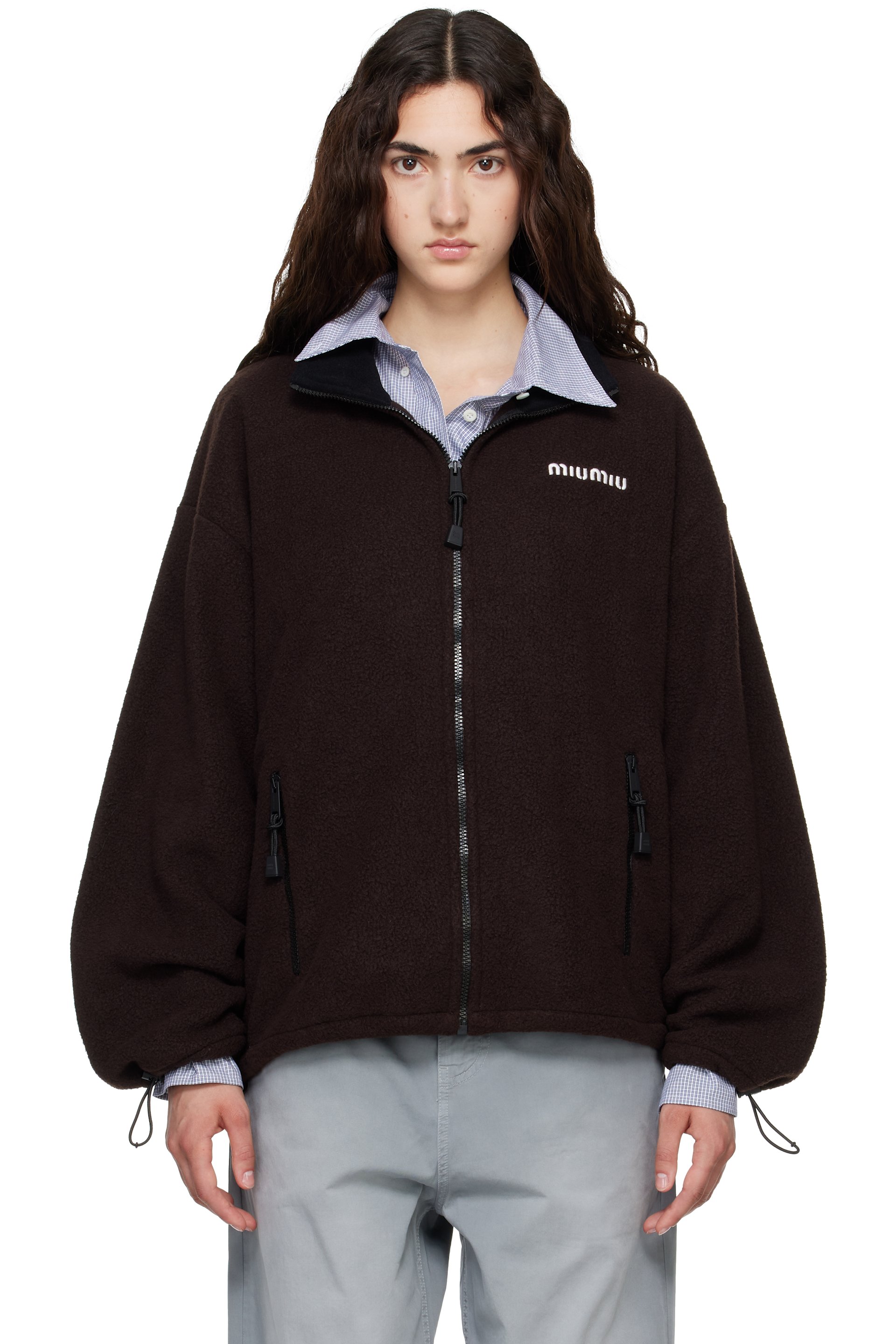 Miu Miu - Blouson brun en molleton à glissière