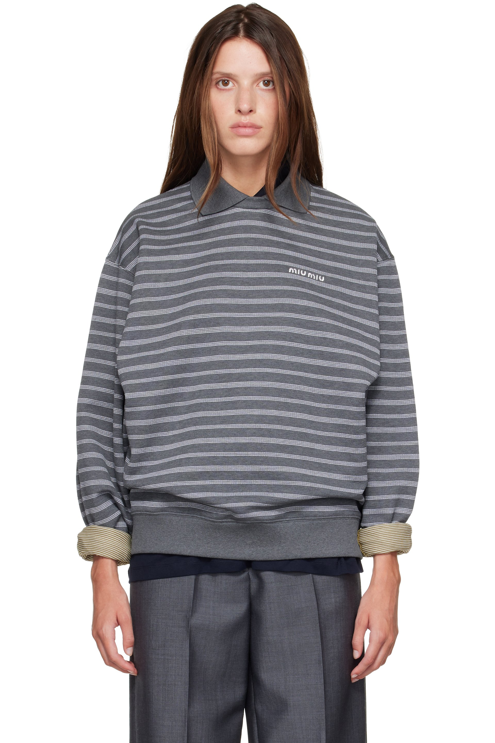 Miu Miu - Gray Striped Long Sleeve Polo