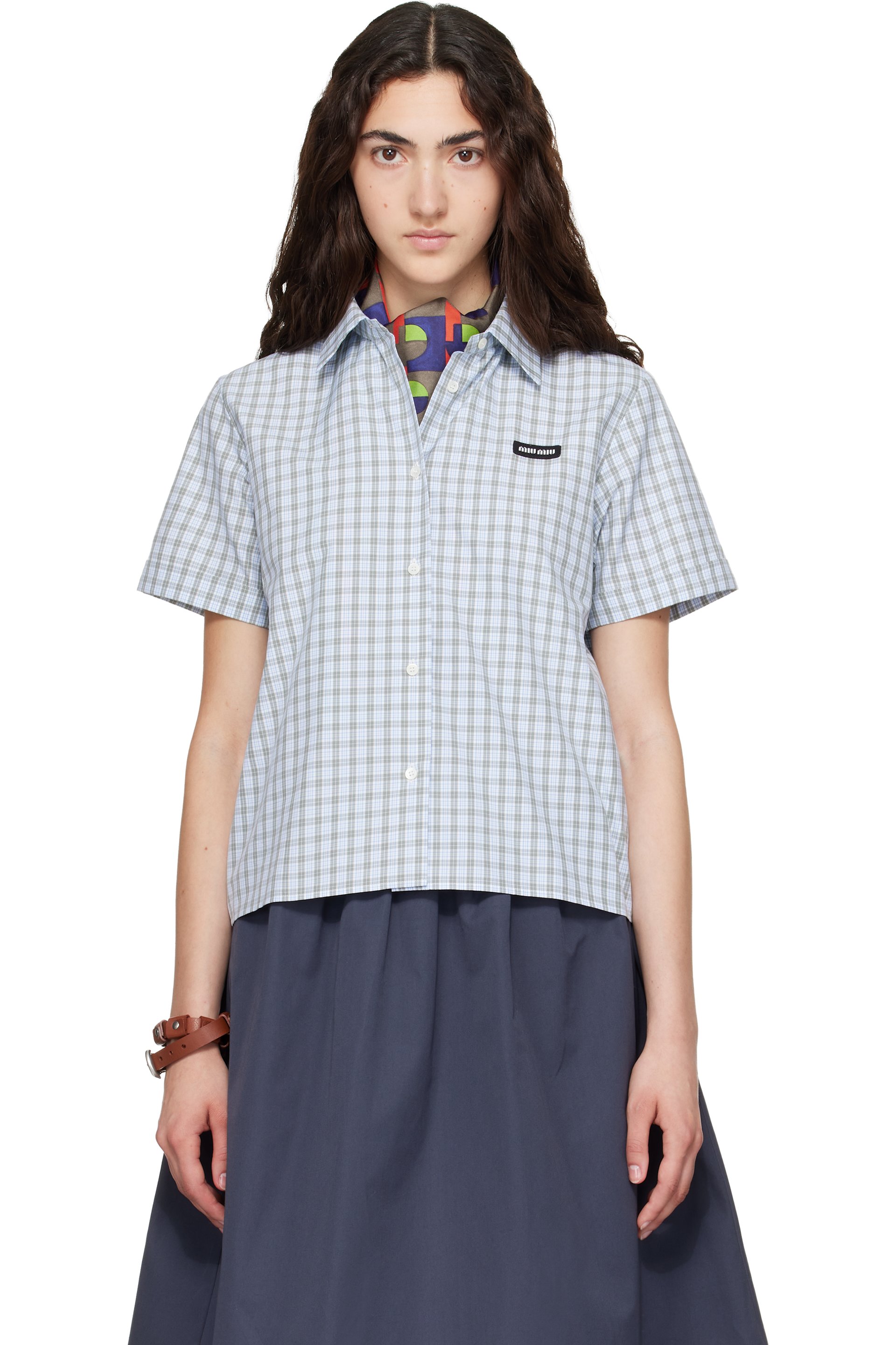 Miu Miu - White & Green Checked Poplin Shirt