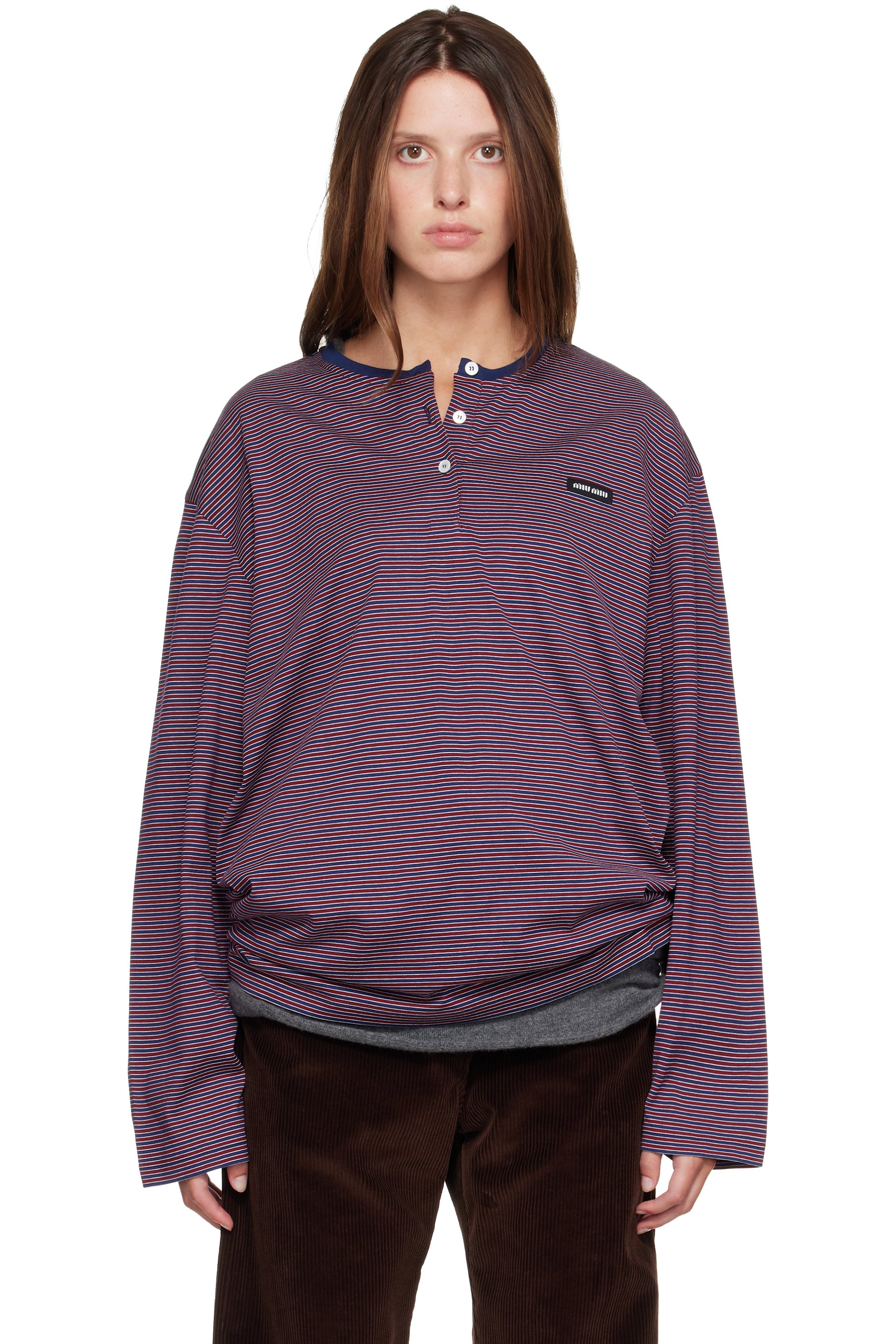 Miu Miu - Burgundy & Navy Striped Jersey Henley
