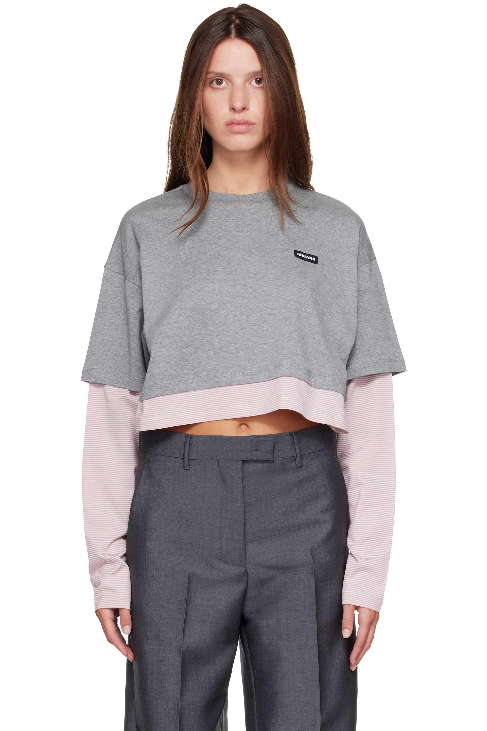 Miu Miu - Gray & Pink Cotton Jersey T-shirt