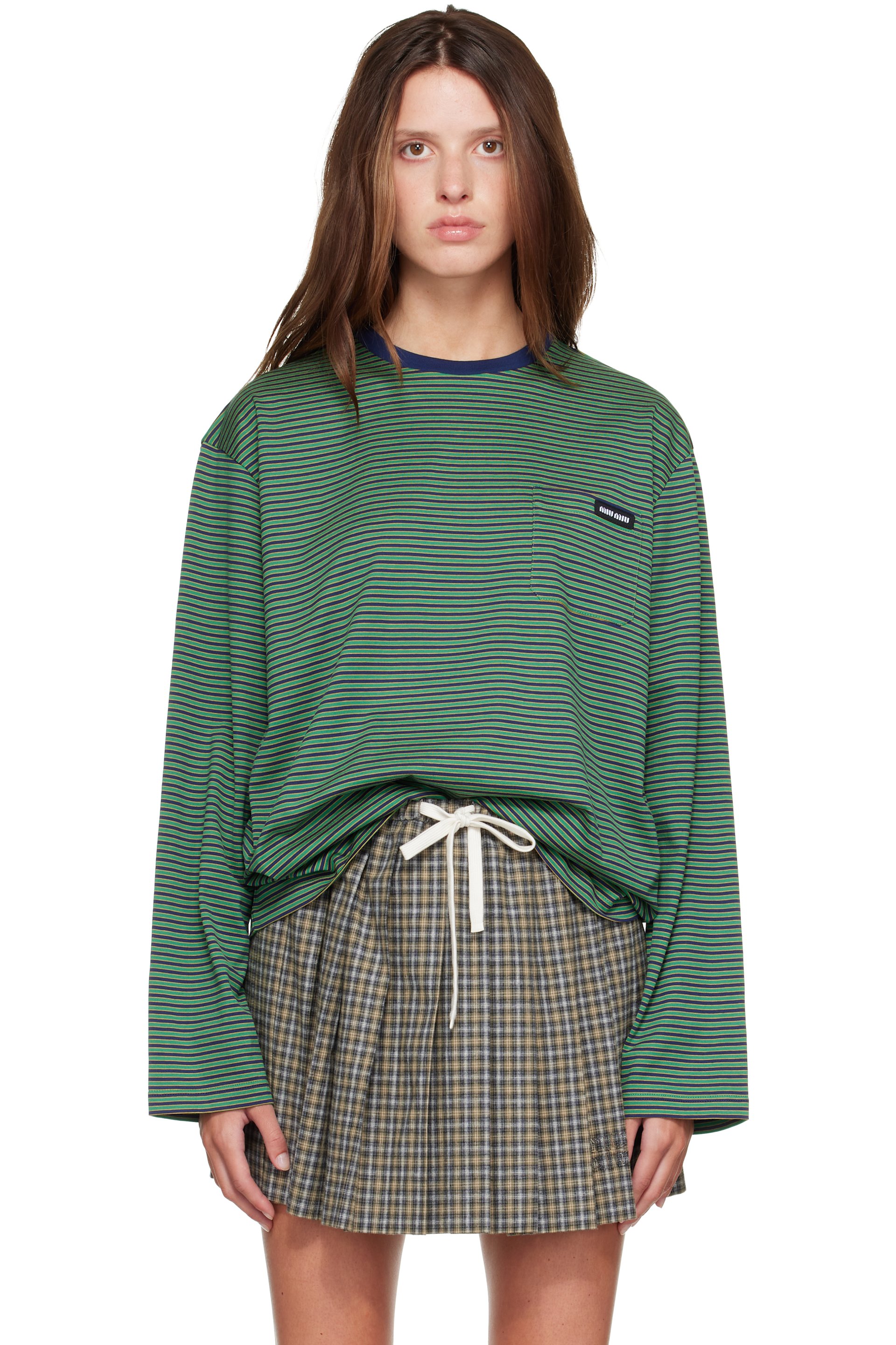 Miu Miu - Green & Navy Striped Jersey T-shirt