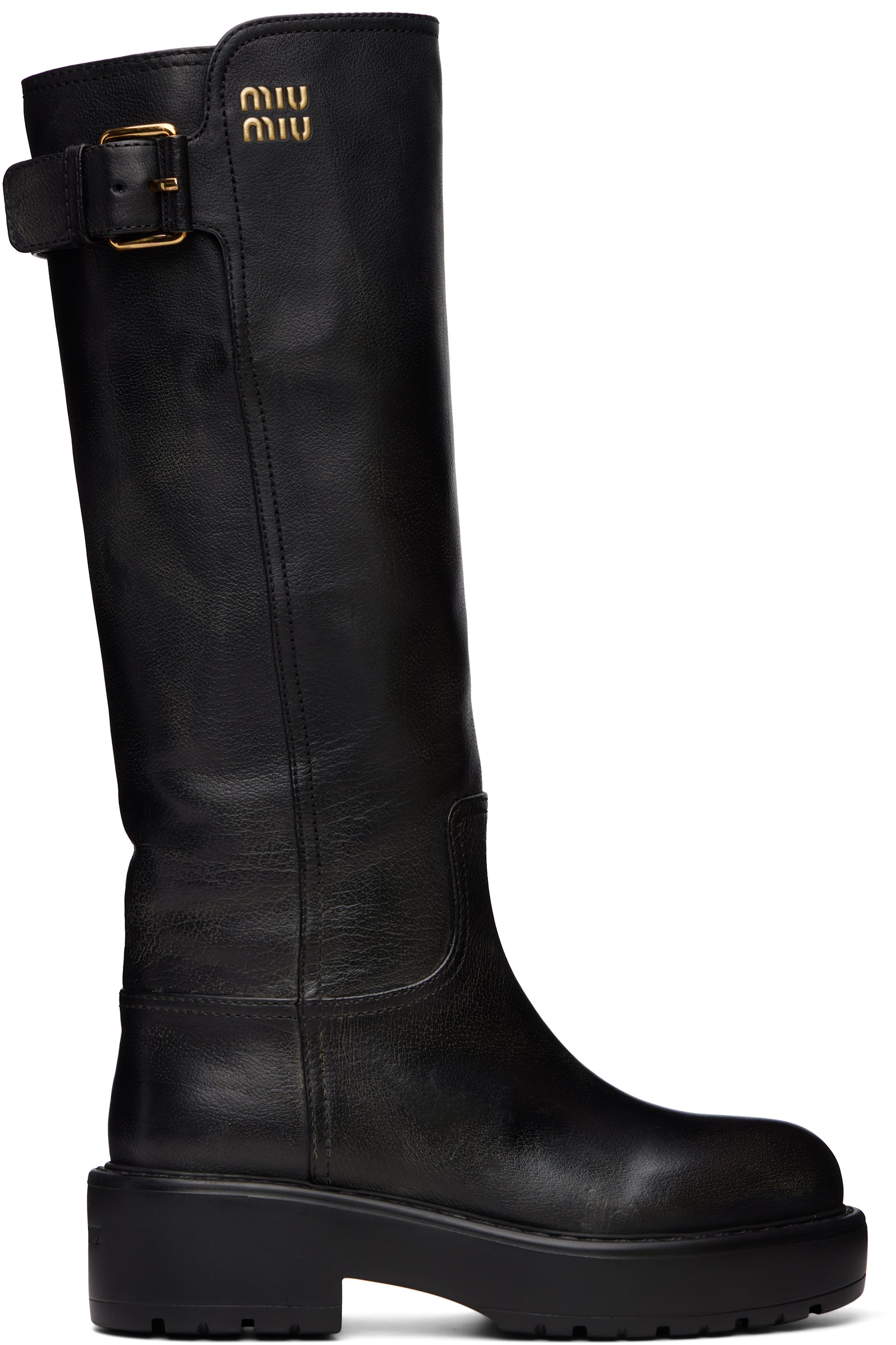 Miu Miu - Black Leather Tall Biker Boots