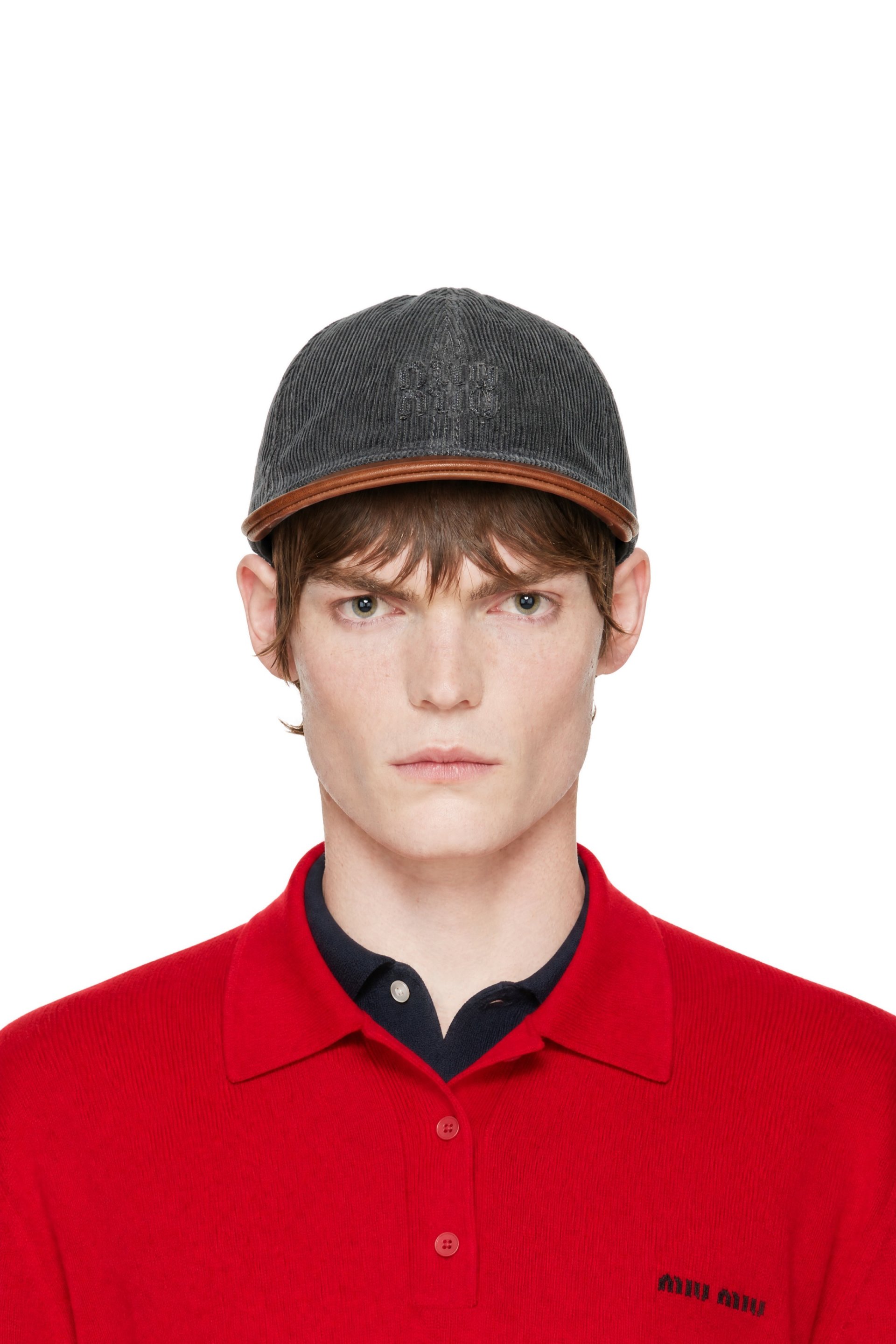 Miu Miu - Casquette de baseball grise en velours côtelé et en cuir