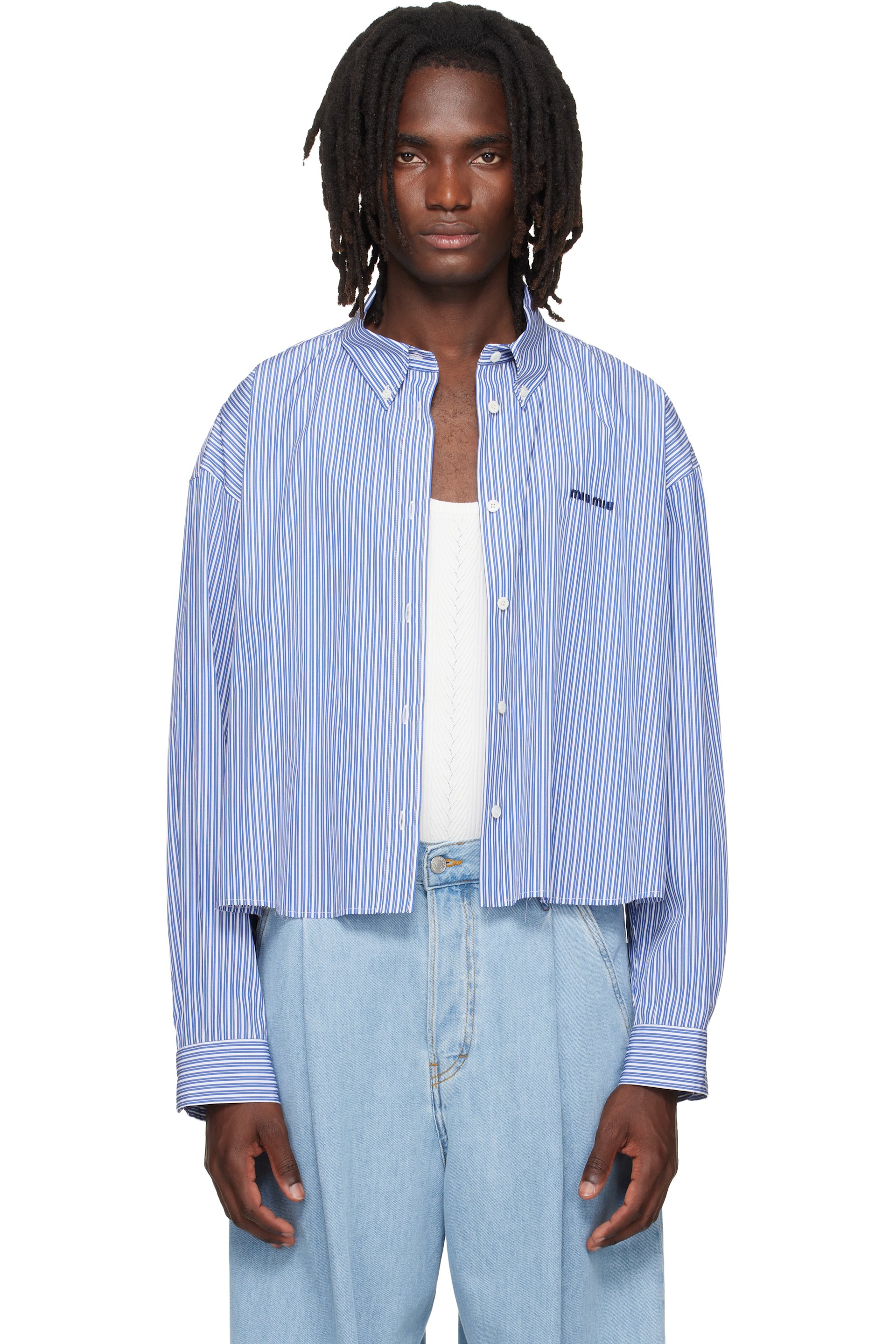 Miu Miu - Chemise bleue en popeline à rayures fines