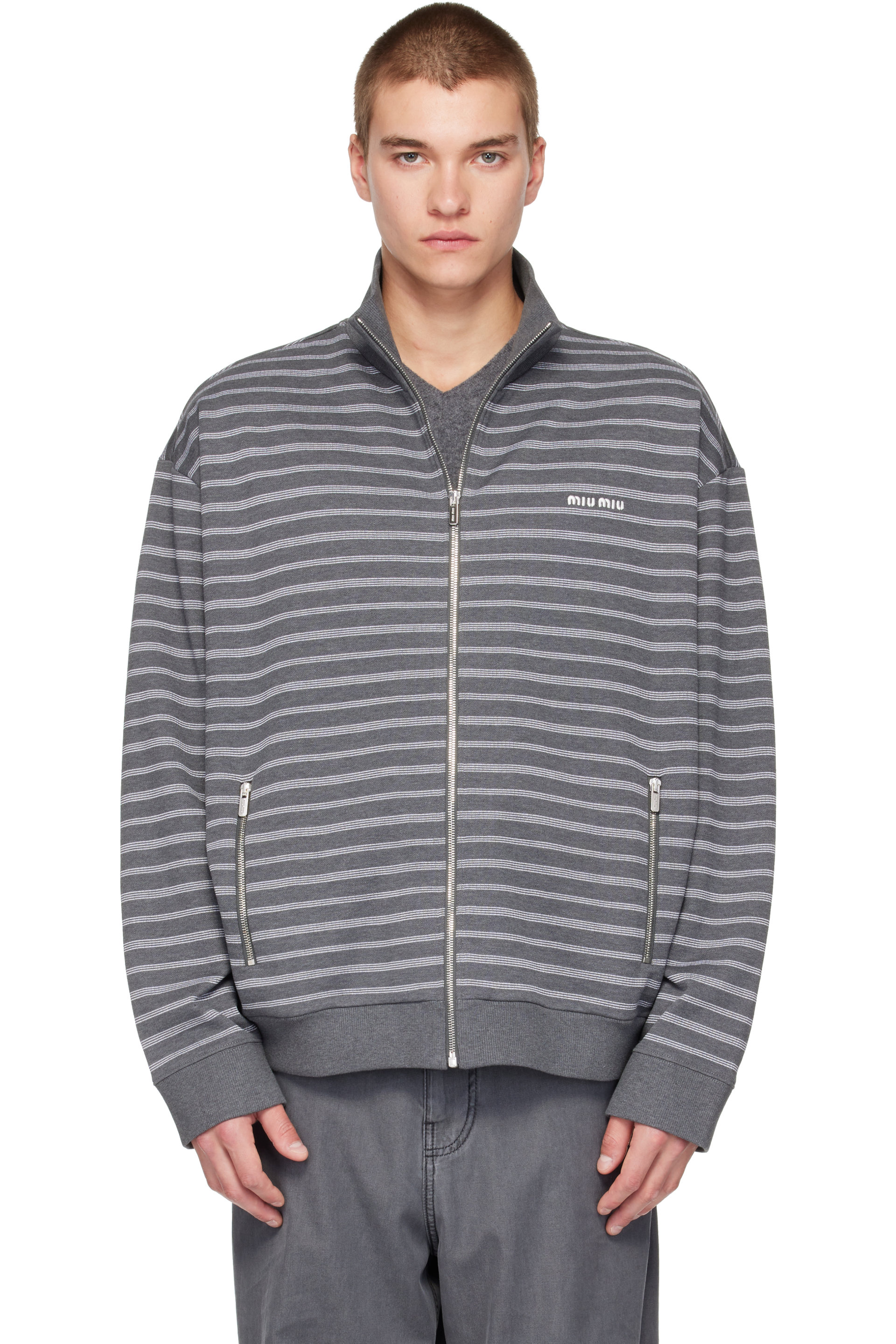 Miu Miu - Gray Striped Cotton Cardigan