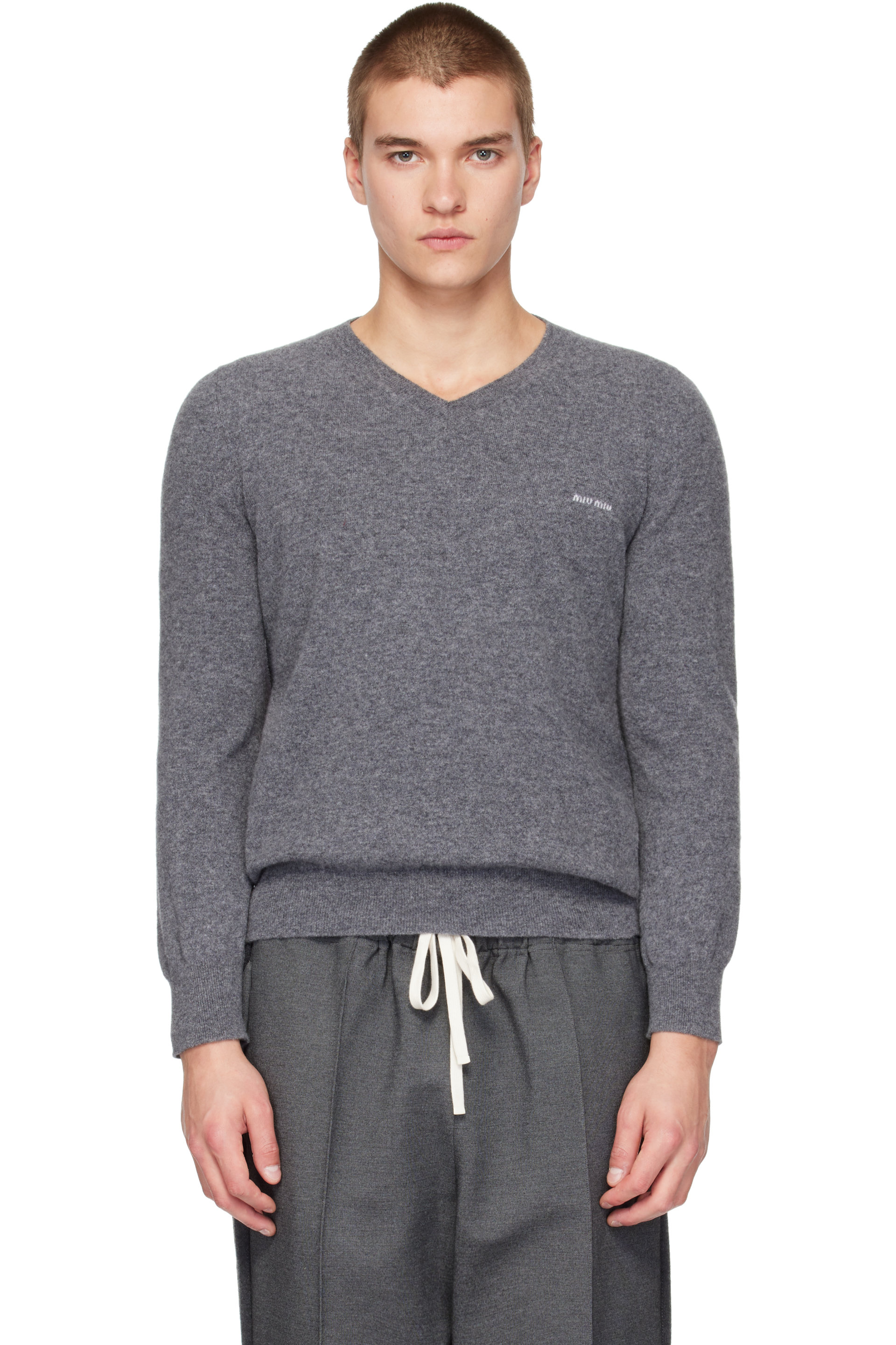 Miu Miu - Gray V-Neck Wool Sweater