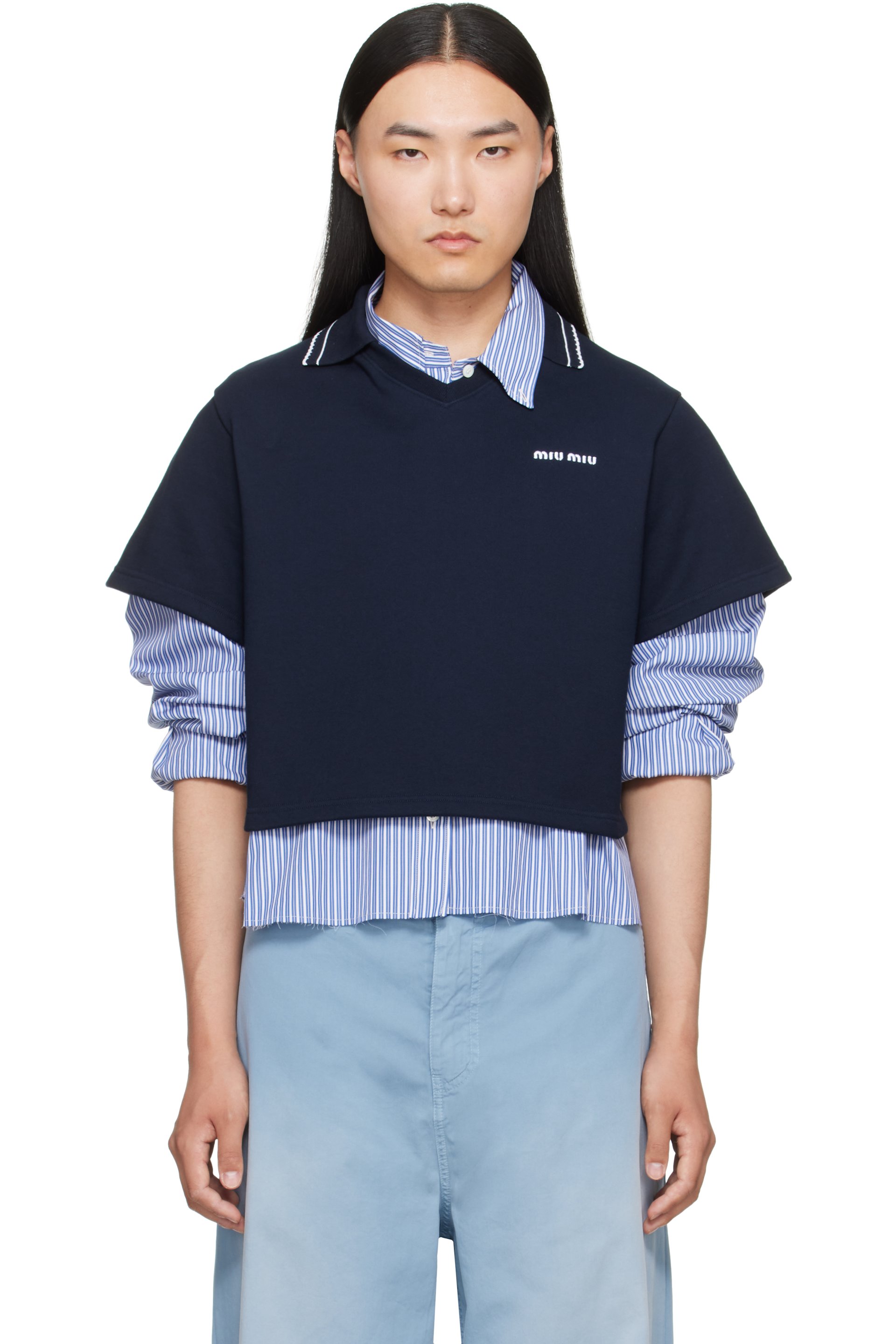 Miu Miu - Polo écourté bleu marine en molleton de coton