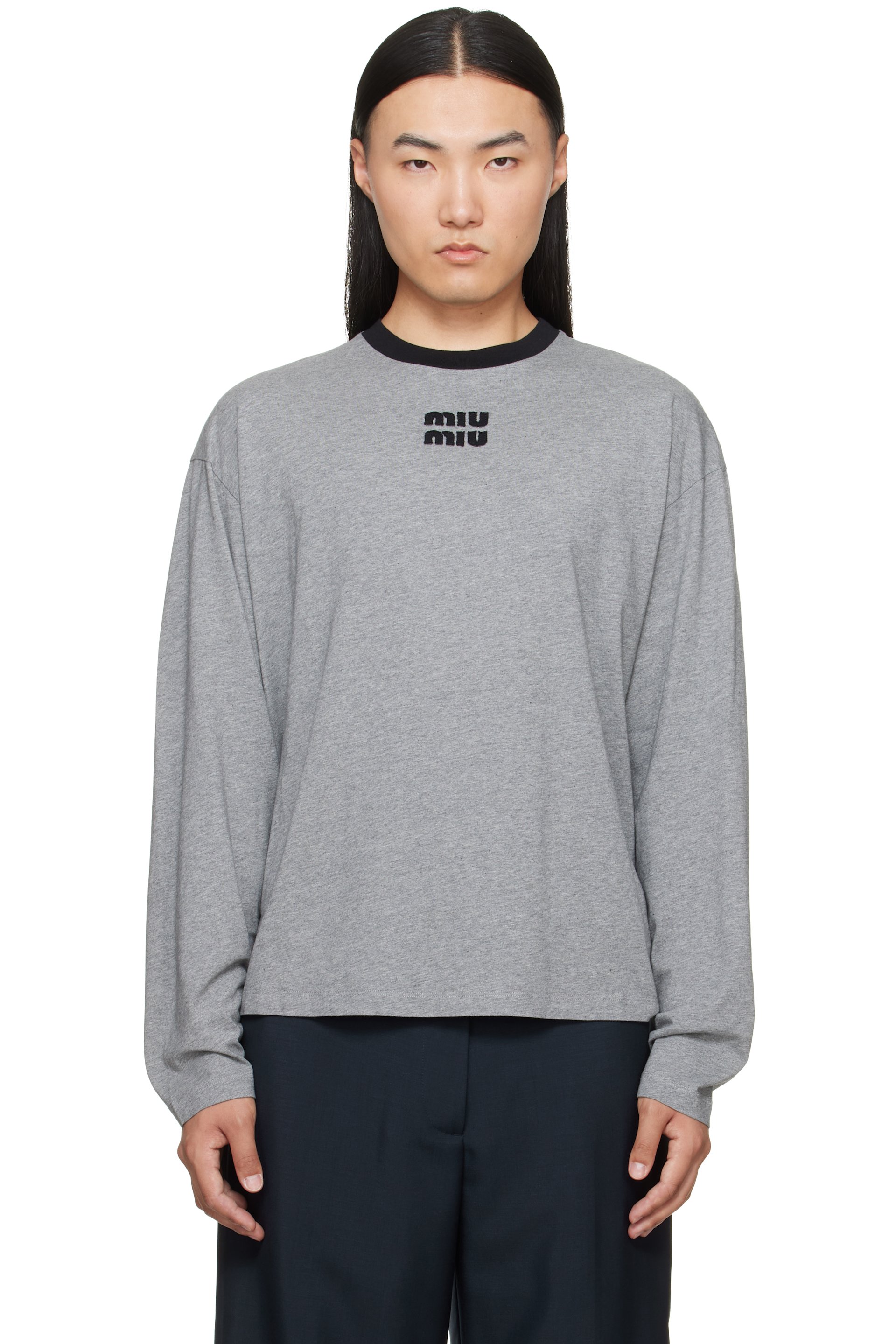 Miu Miu - T-shirt à manches longues grise en jersey de coton