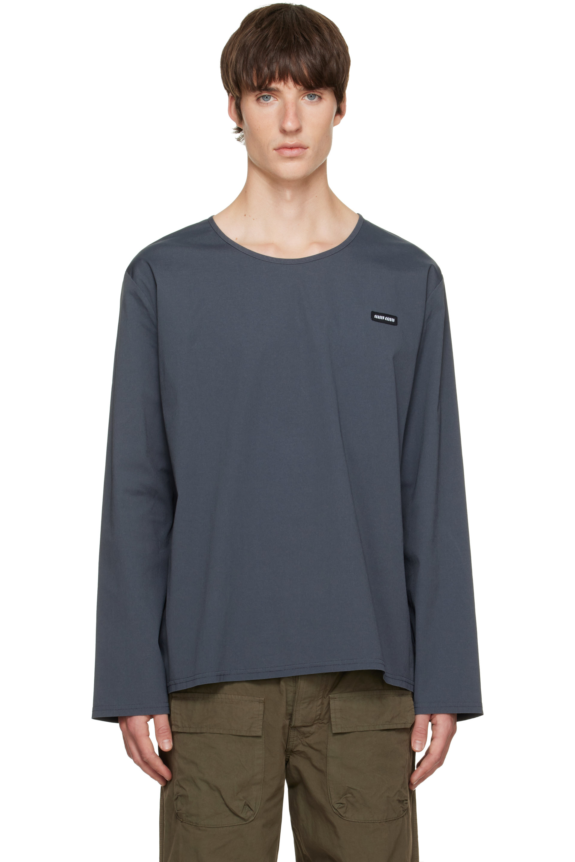 Miu Miu - Gray Stretch Poplin Long Sleeve T-Shirt