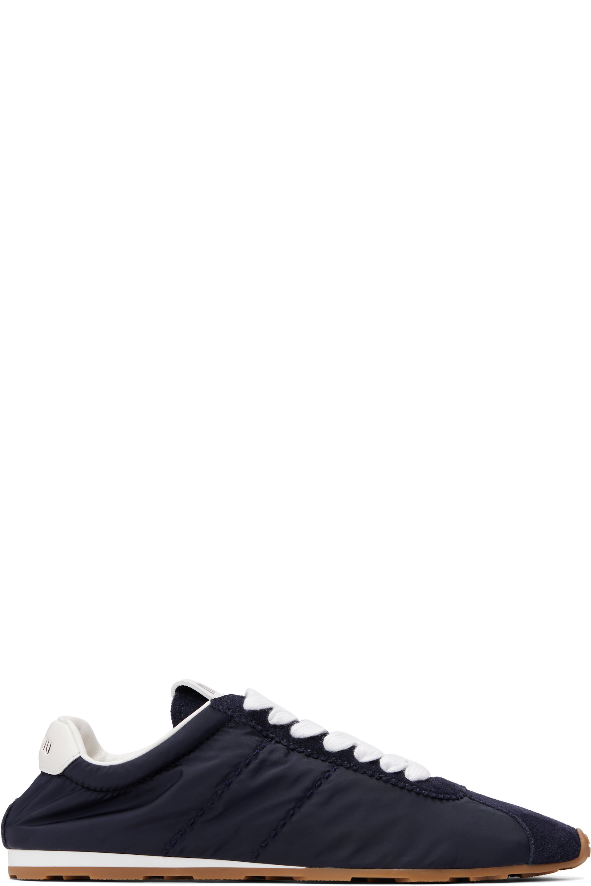 Miu Miu - Baskets Plume bleu marine en taffetas technique et en suède