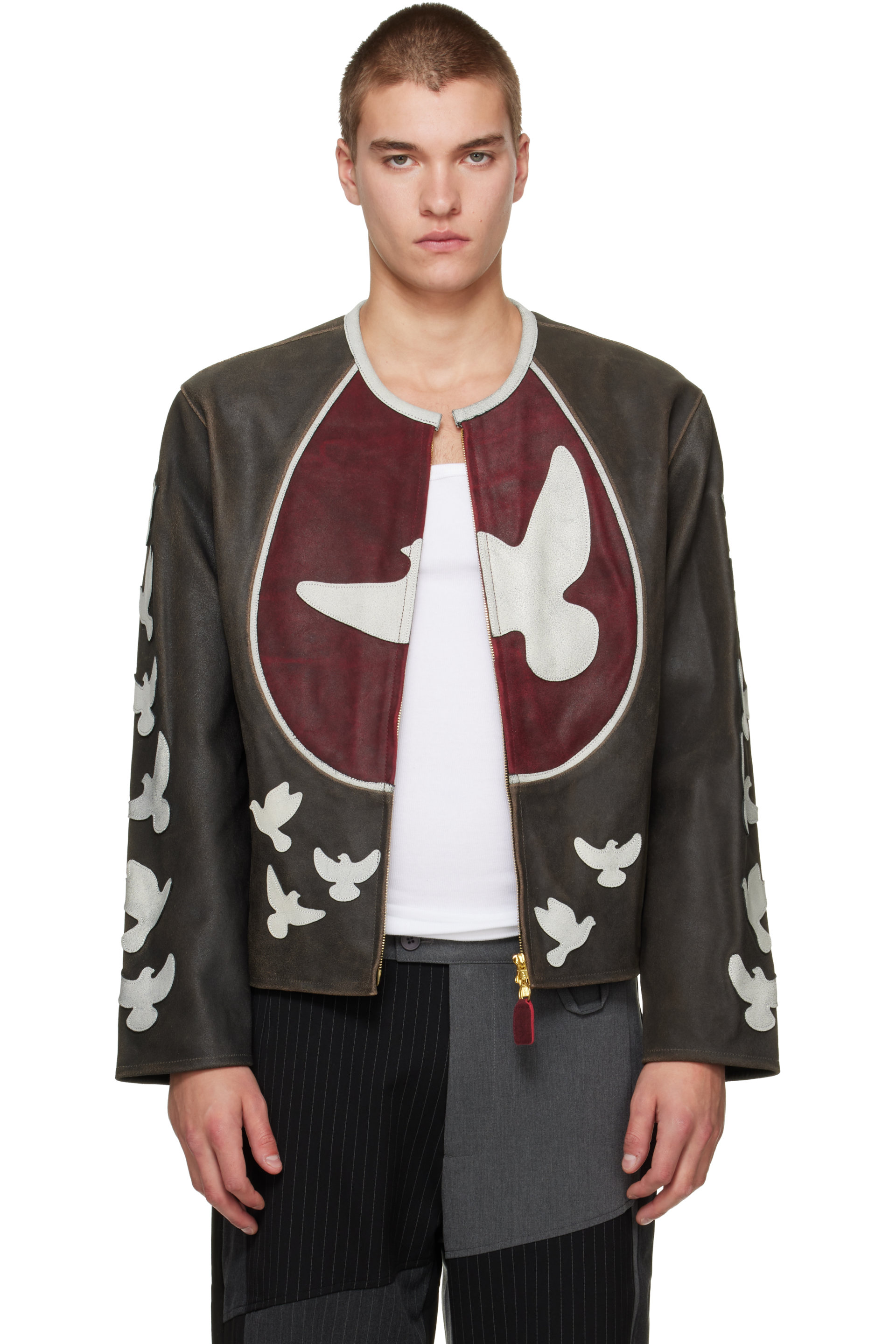 KidSuper - Black 'Doves' Distressed Moto Leather Jacket