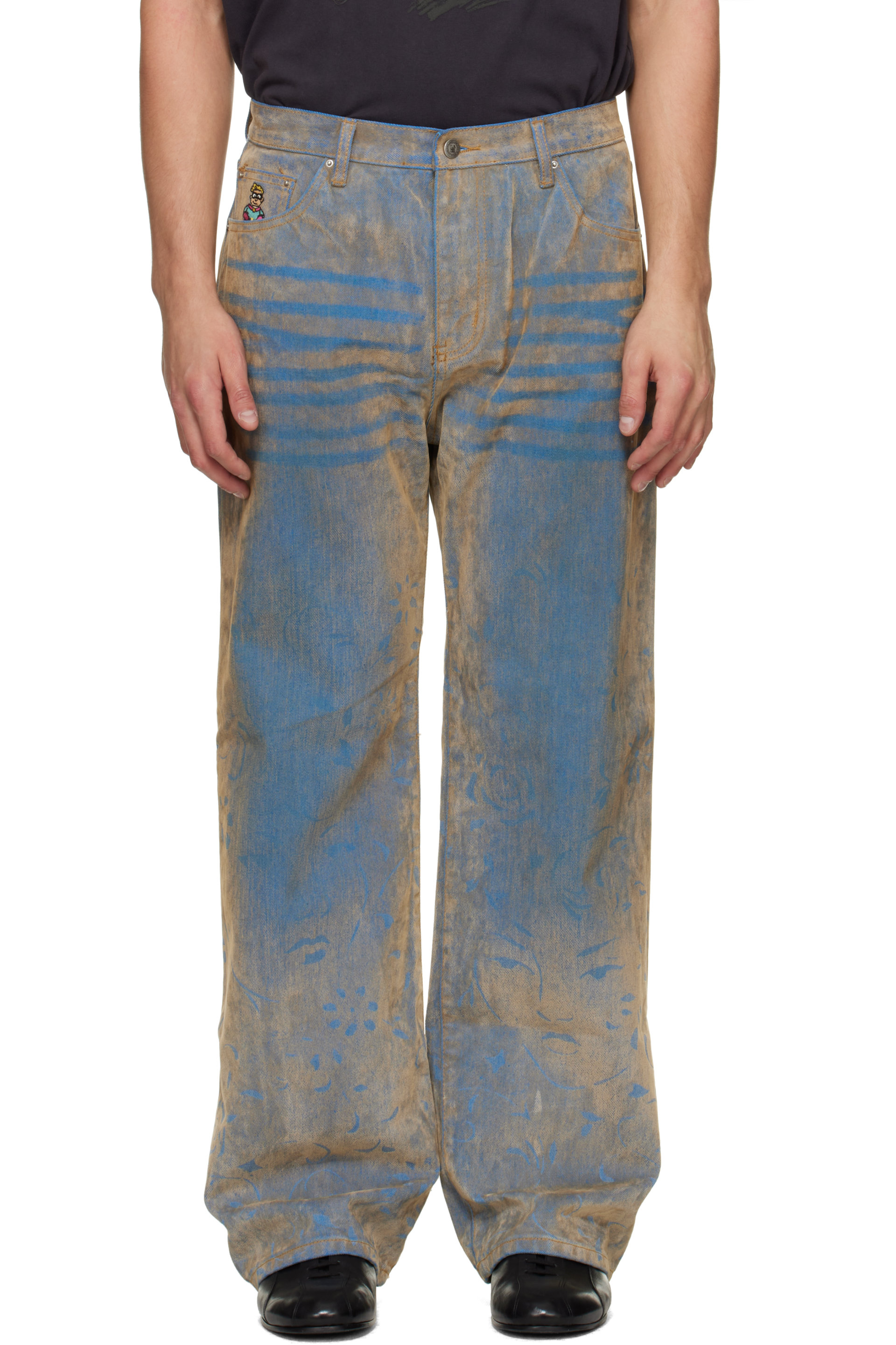 KidSuper - Blue Floral Badge Flocked Jeans