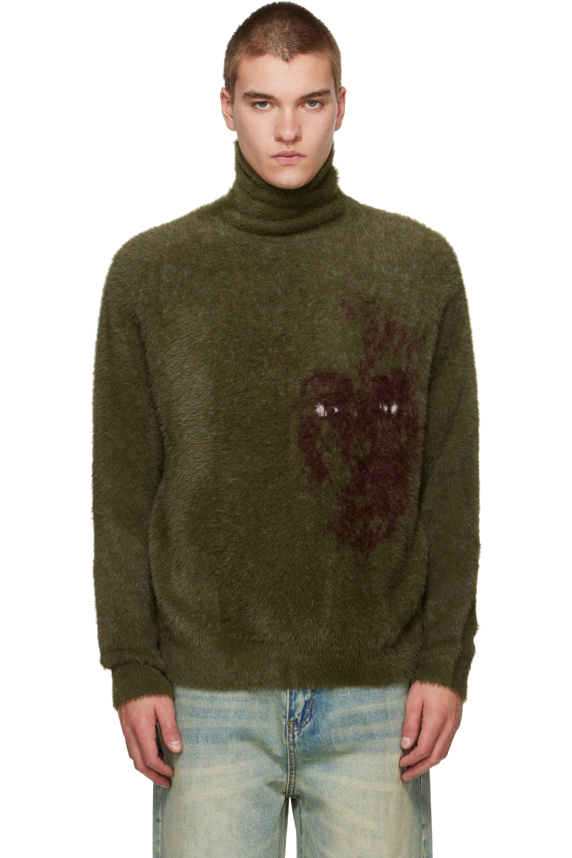 KidSuper - Green Fuzzy Knit 'Hatched Face' Turtleneck