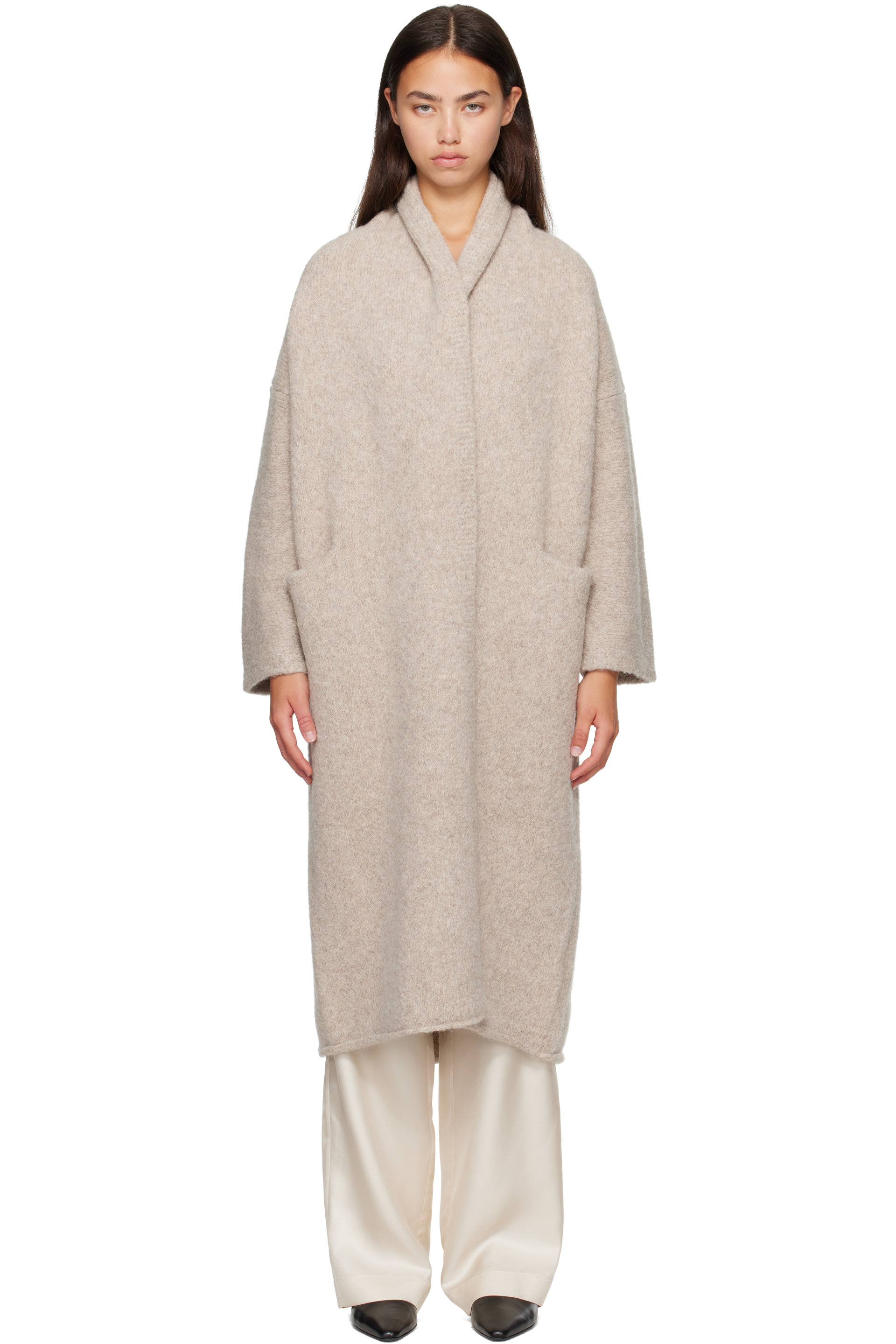 Lauren Manoogian - Cardigan long blanc cassé à revers de style châle