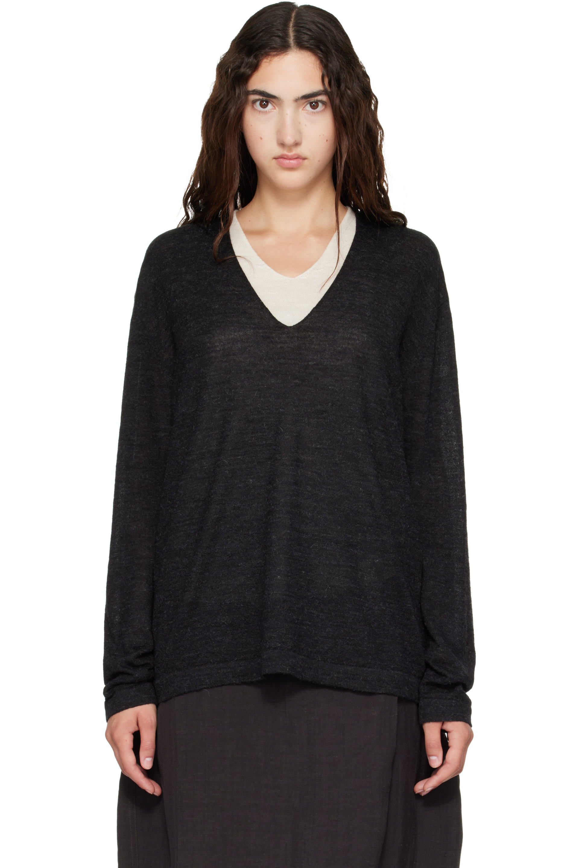 Lauren Manoogian - Black Fine Low V Neck Sweater
