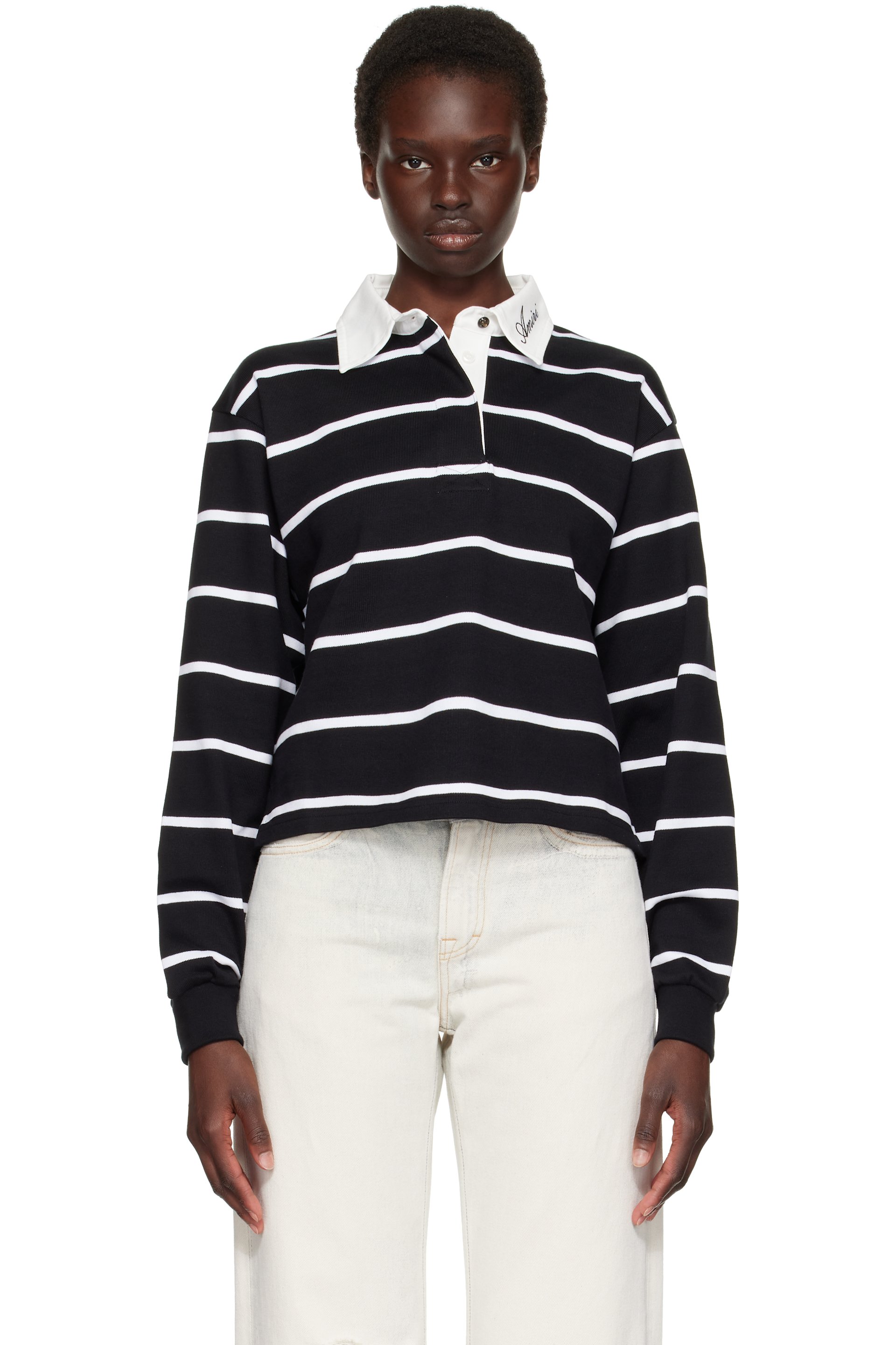 AMIRI - Black & White Striped Long Sleeve Polo