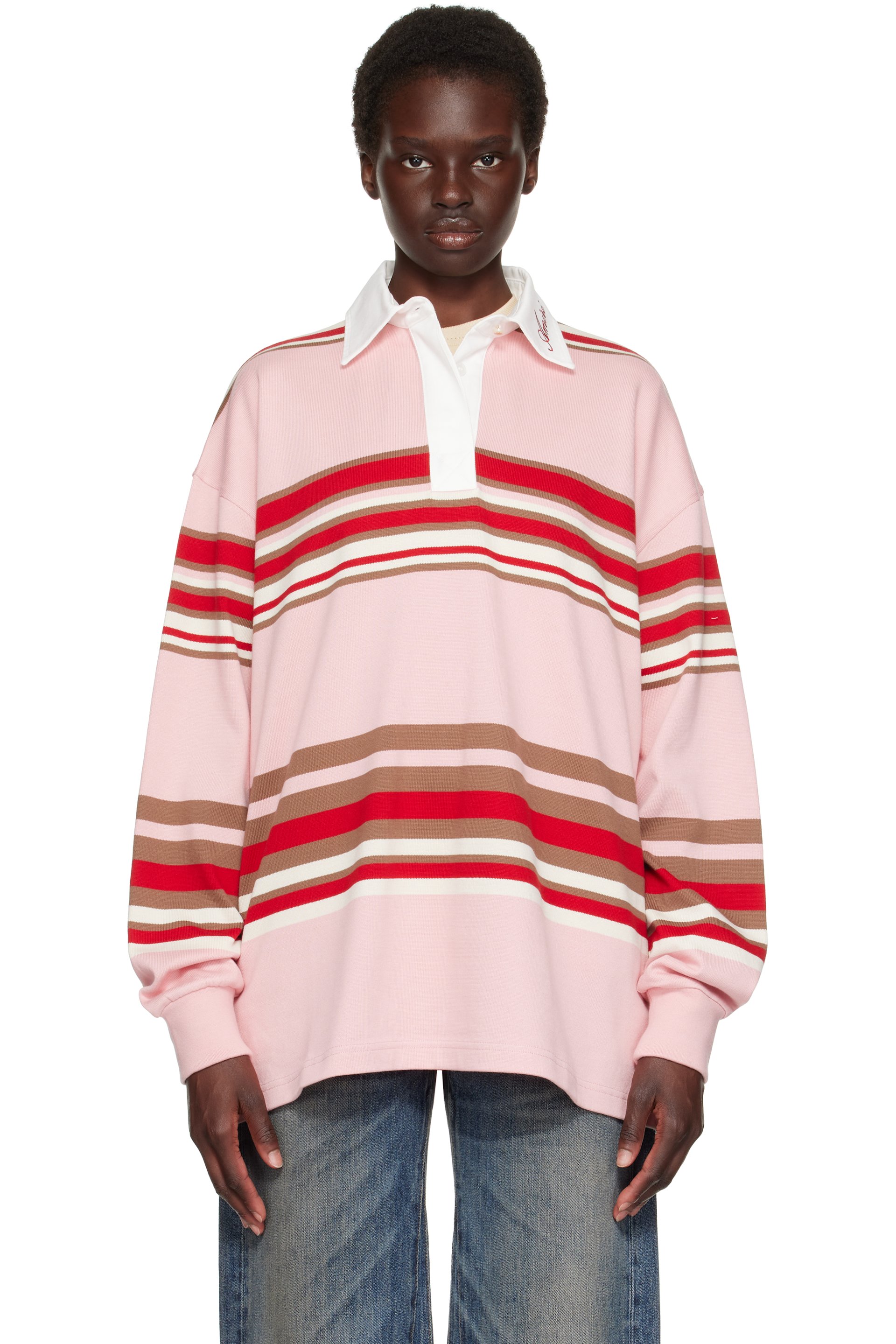 AMIRI - Pink & Red Striped Oversized Long Sleeve Polo