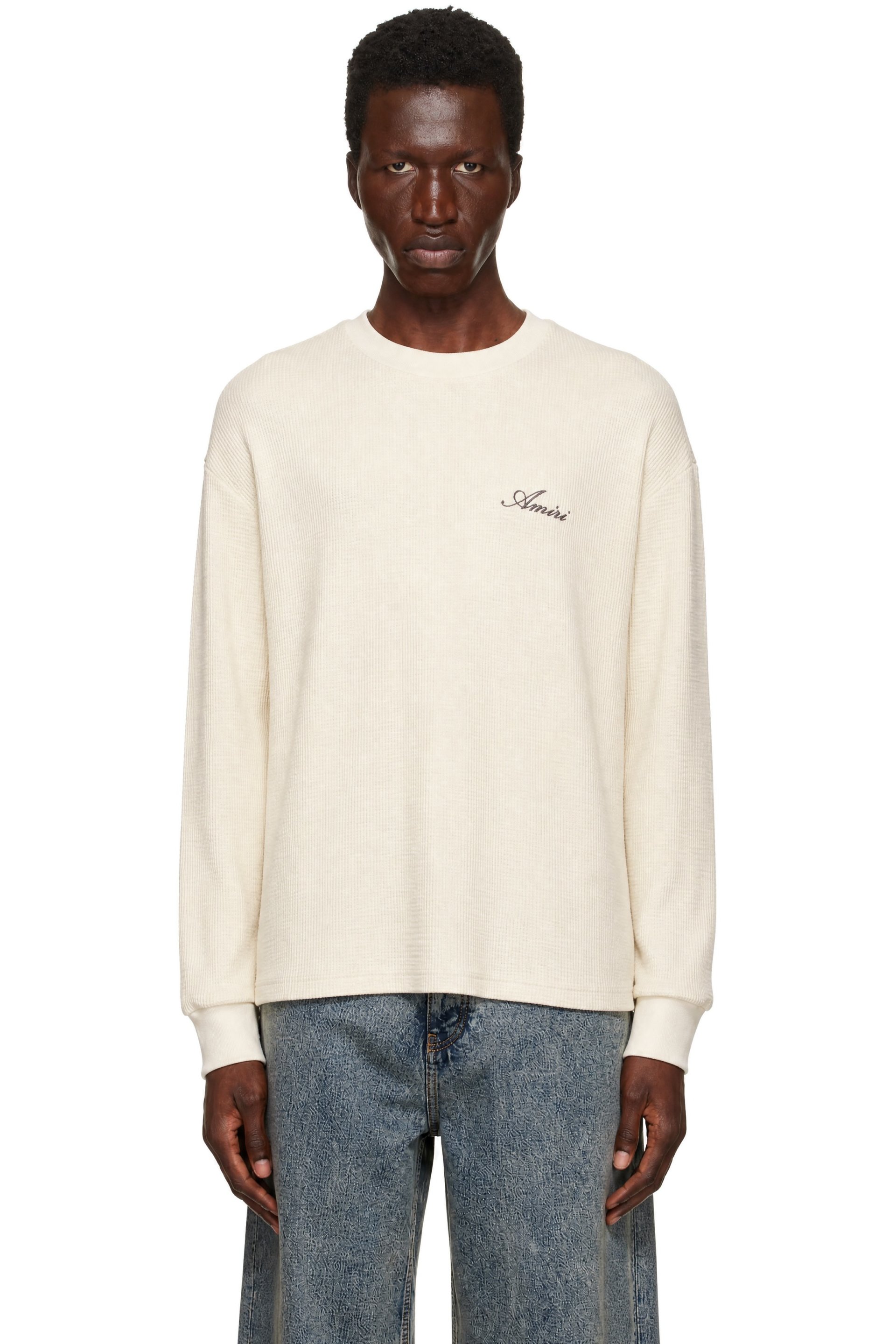 AMIRI - T-shirt à manches longues blanc cassé en tricot gaufré à imprimé Smoking Wolf