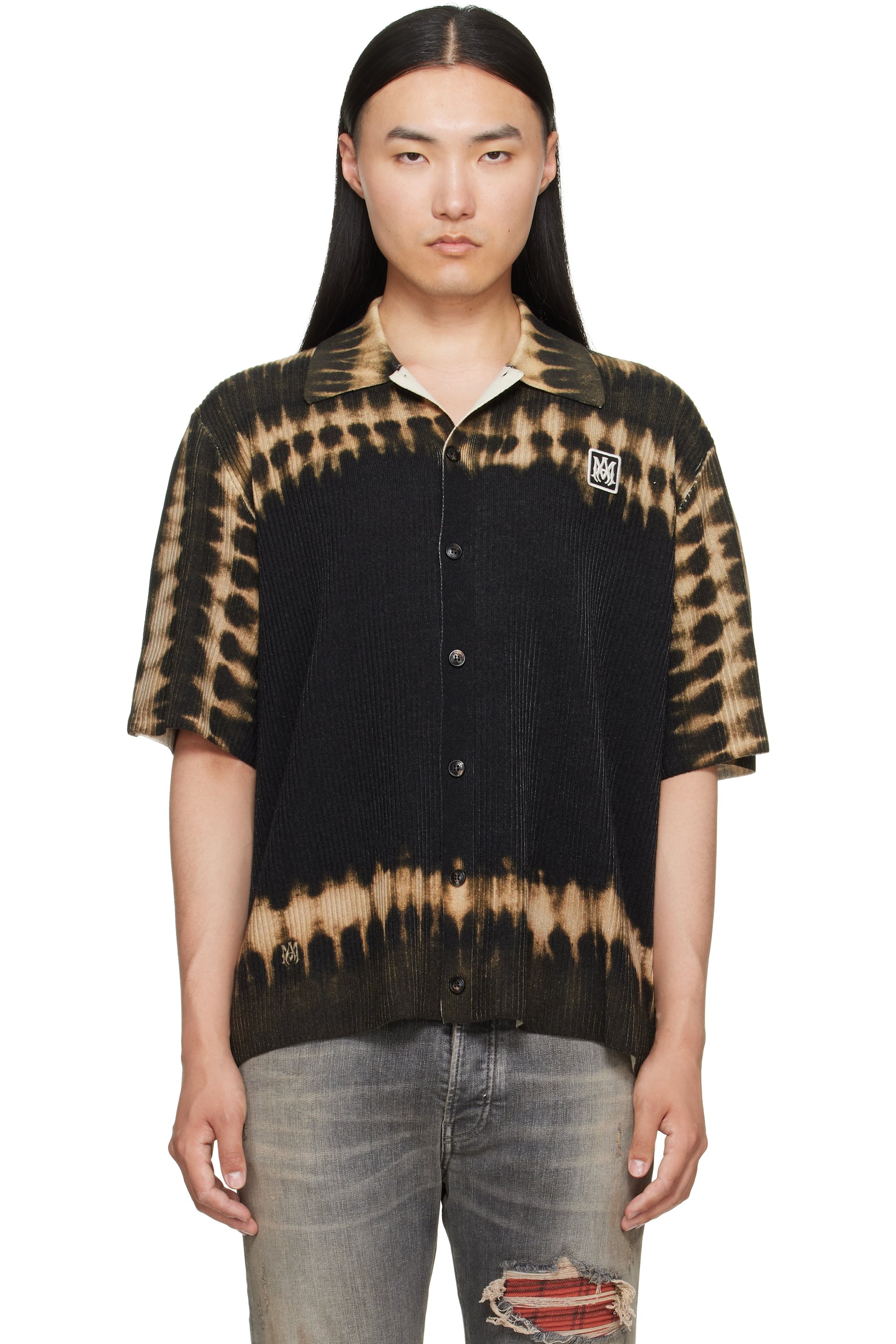 AMIRI - Chemise noir et kaki en tricot à écusson à monogramme et à motif tie-dye