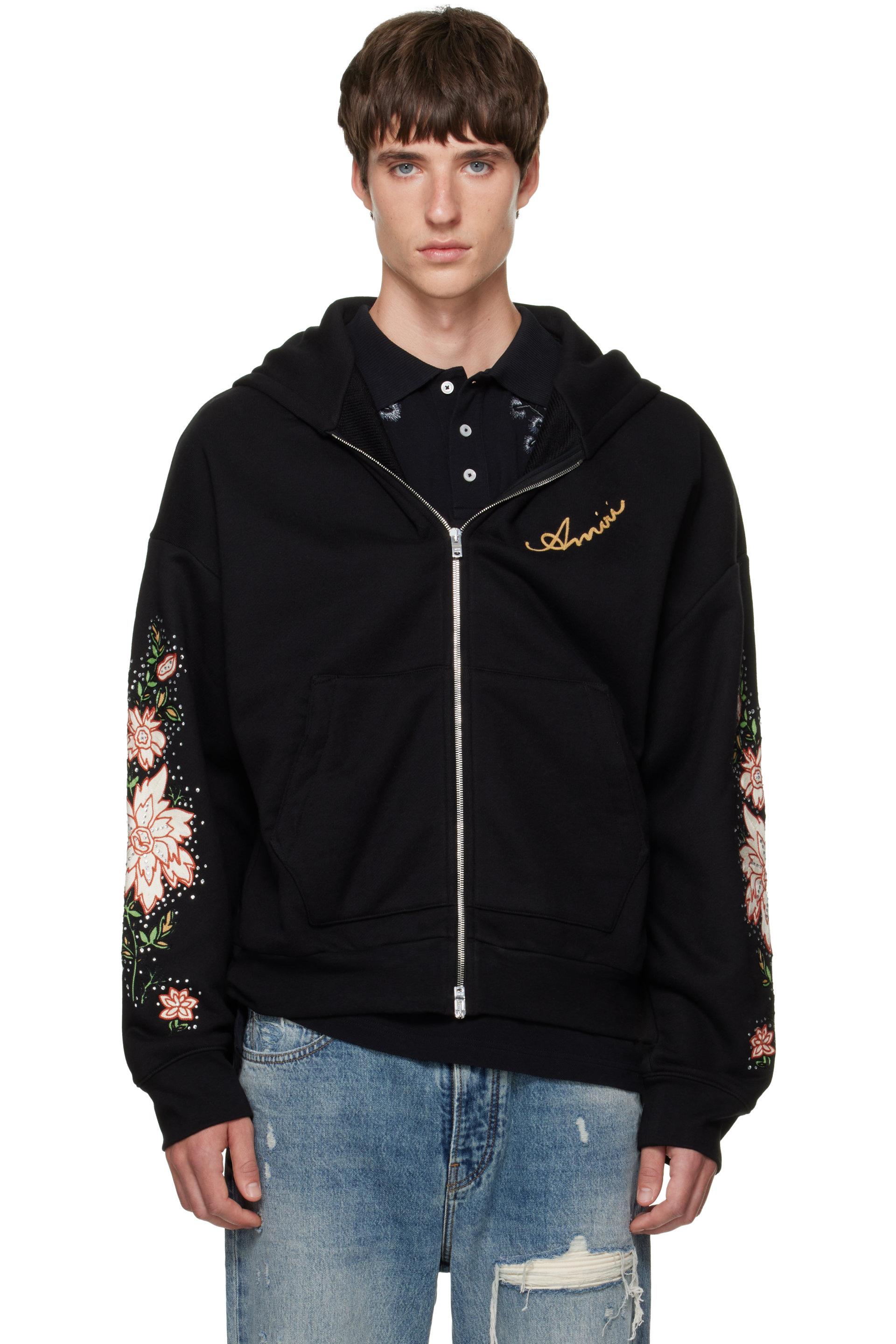AMIRI - Pull à capuche noir à glissière et à appliqués floraux aux manches