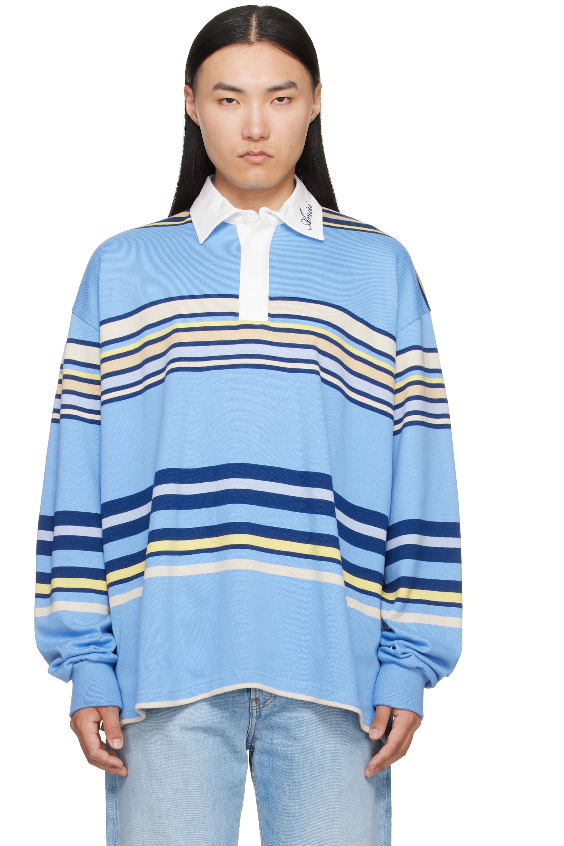 AMIRI - 蓝色 Striped Oversized 长袖 Polo 衫
