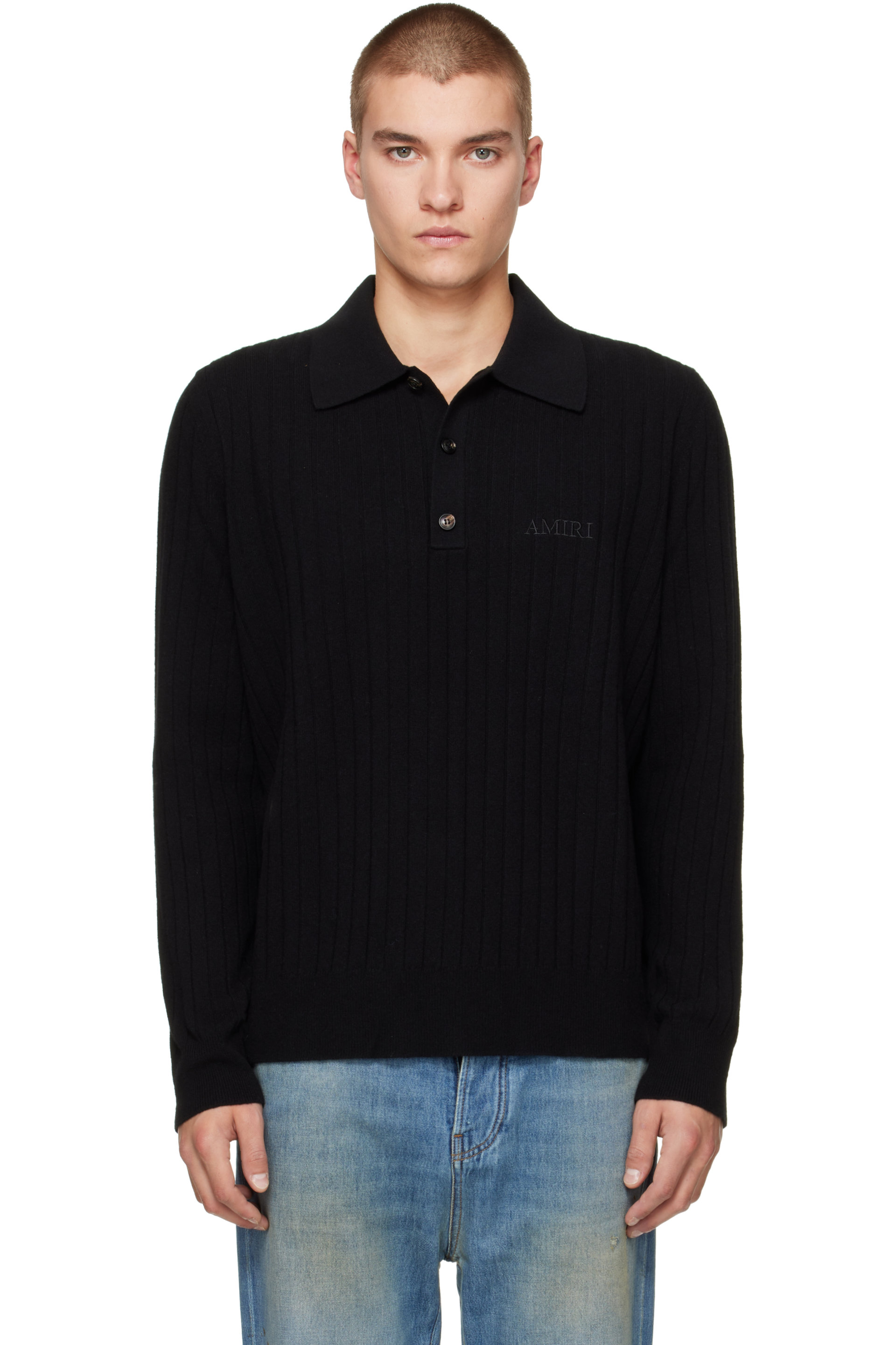 AMIRI - Polo noir en tricot côtelé à logo