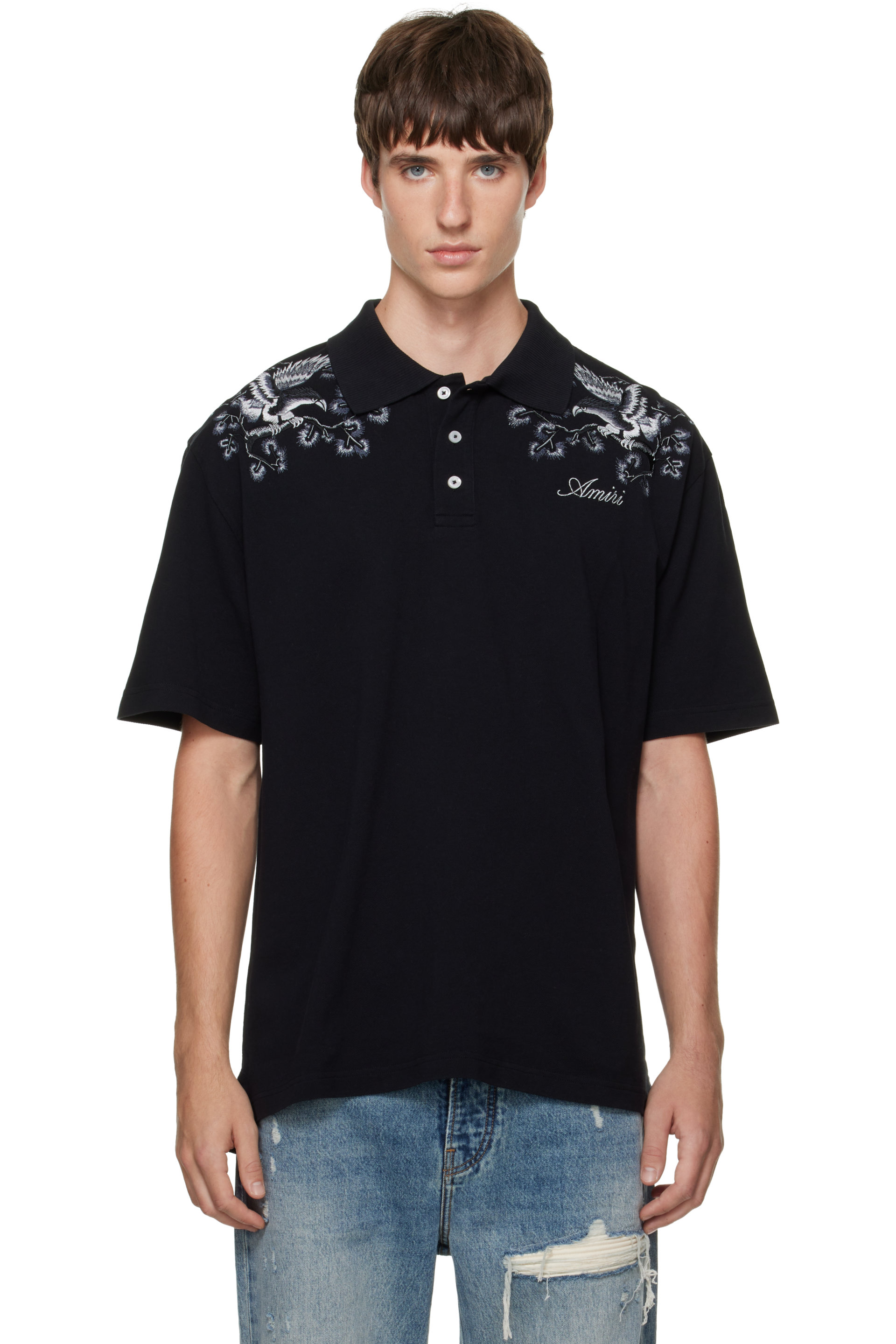 AMIRI - Polo noir à images florales brodées