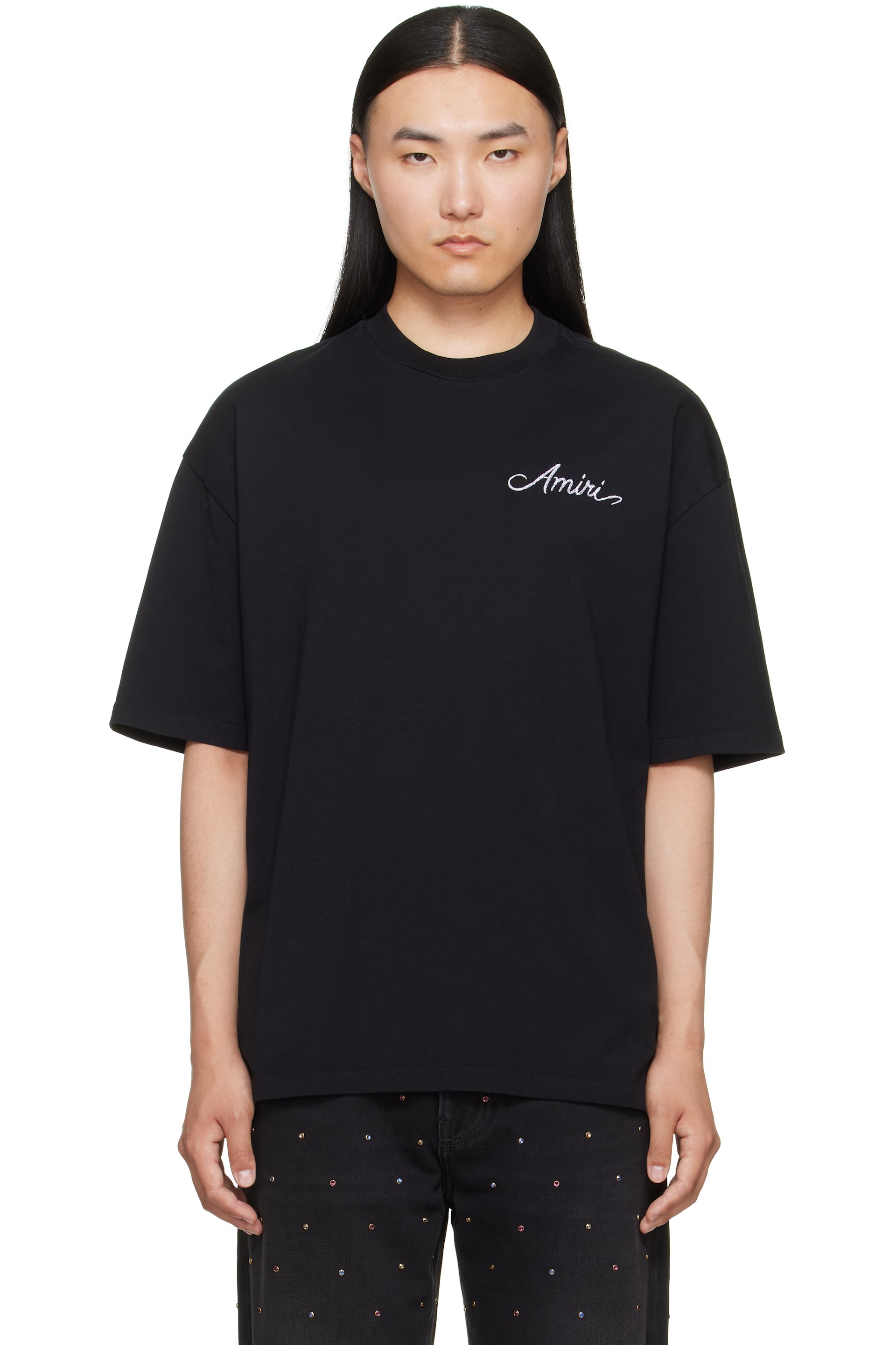 AMIRI - T-shirt surdimensionné noir à monogramme et à damier