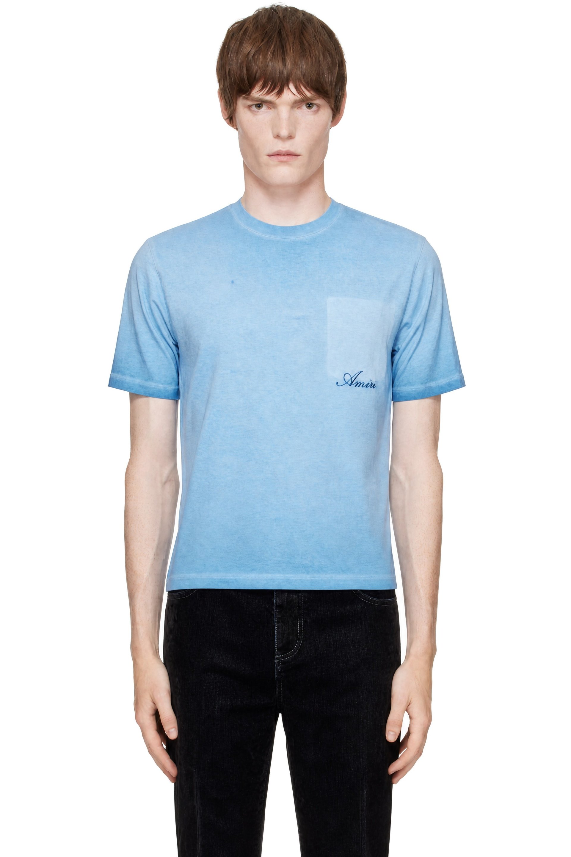 AMIRI - T-shirt droit bleu à poche à effet délavé