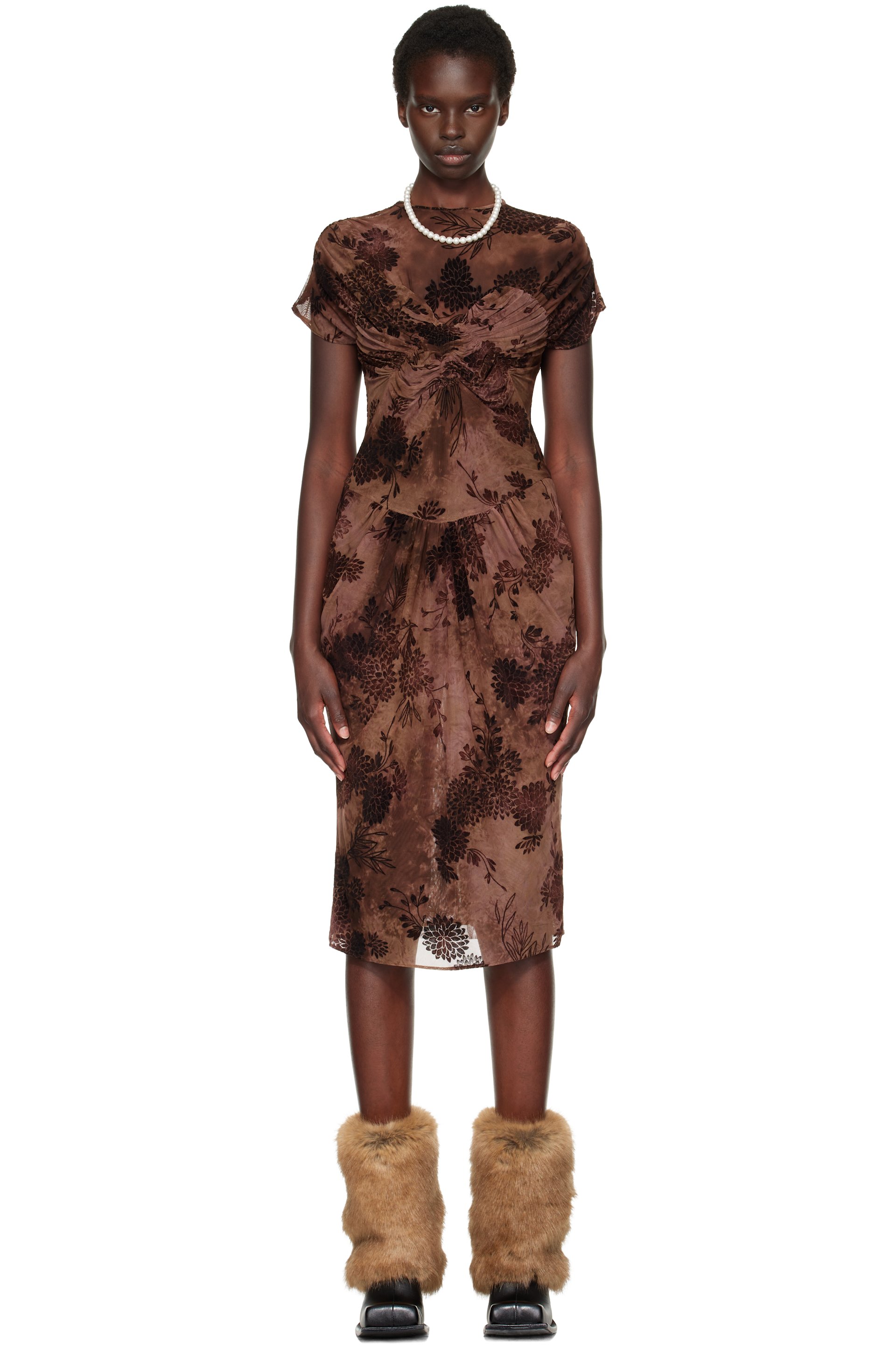 Anna Sui - Brown Dahlia Tulle Knit Midi Dress
