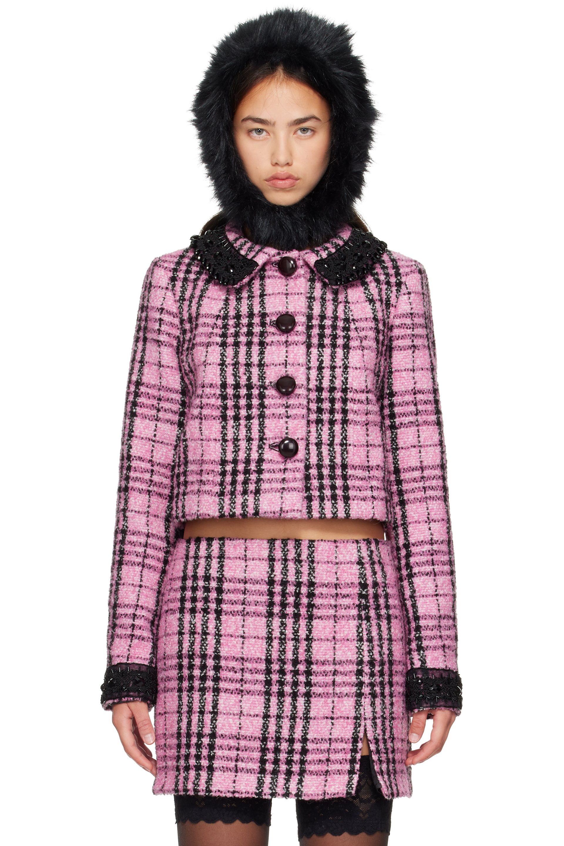 Anna Sui - Blouson rose à motif écossais et à perles