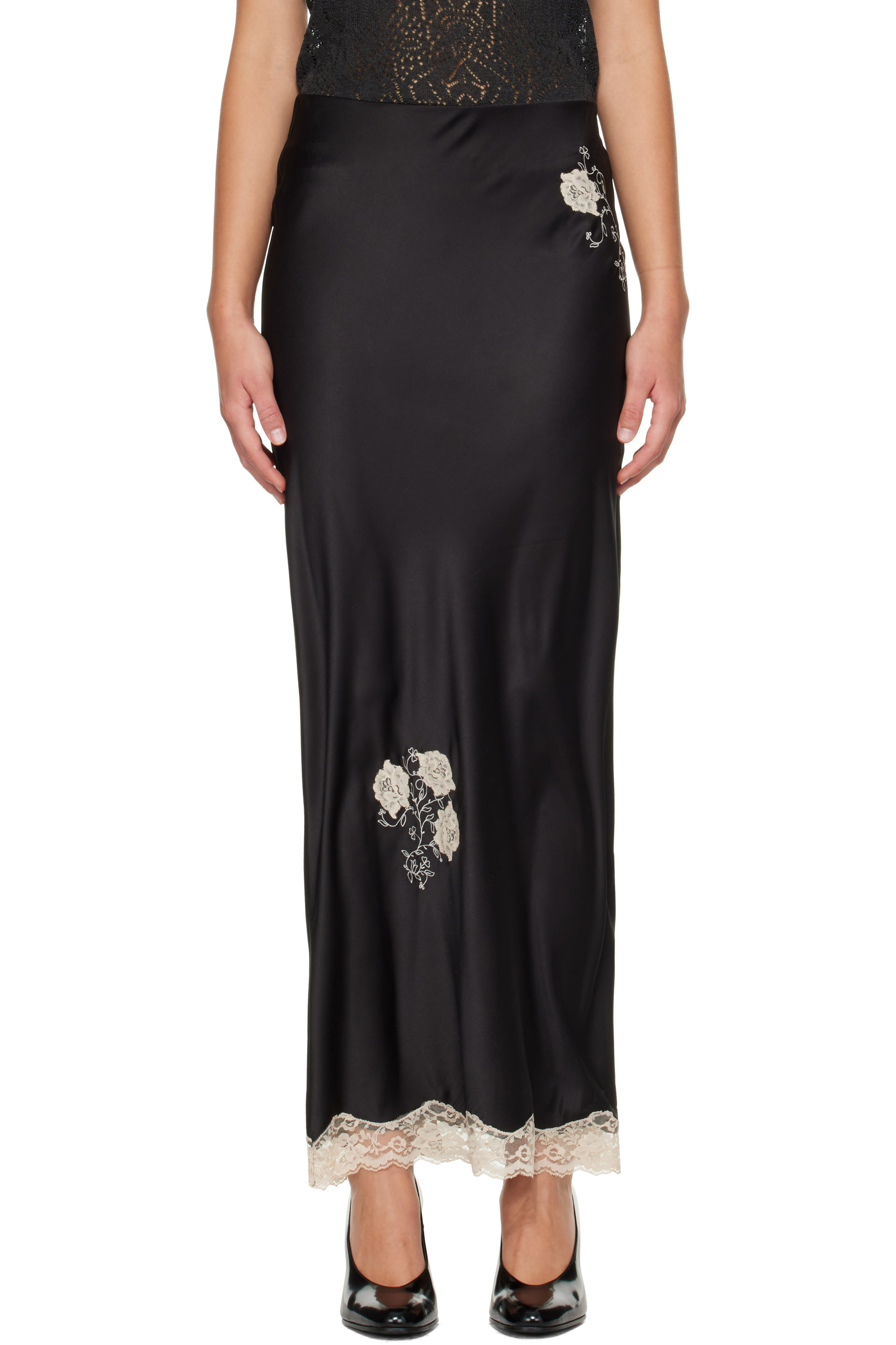 Anna Sui - Black Lingerie Satin Maxi Skirt
