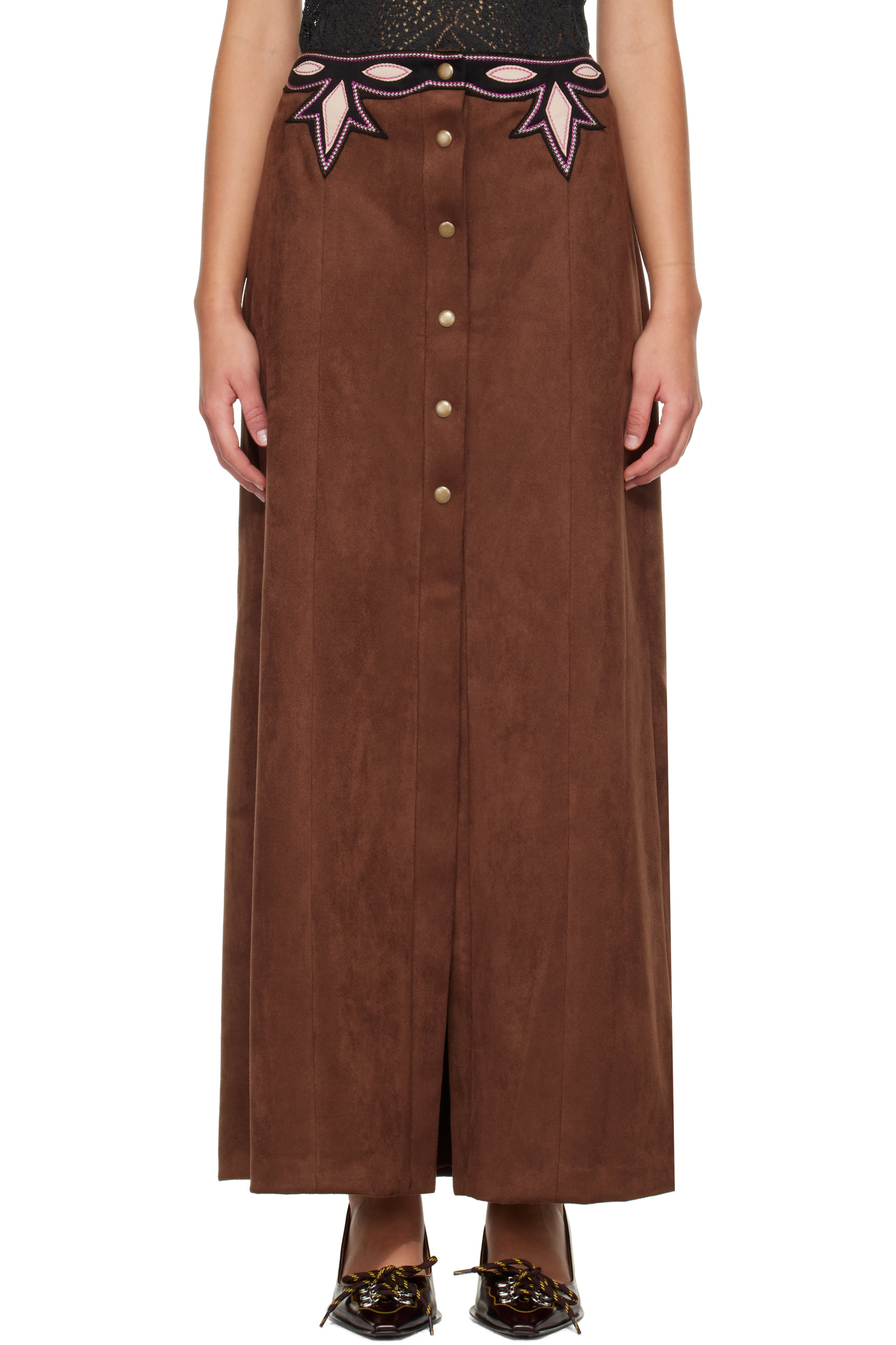 Anna Sui - Brown Faux-Suede Appliqué Maxi Skirt