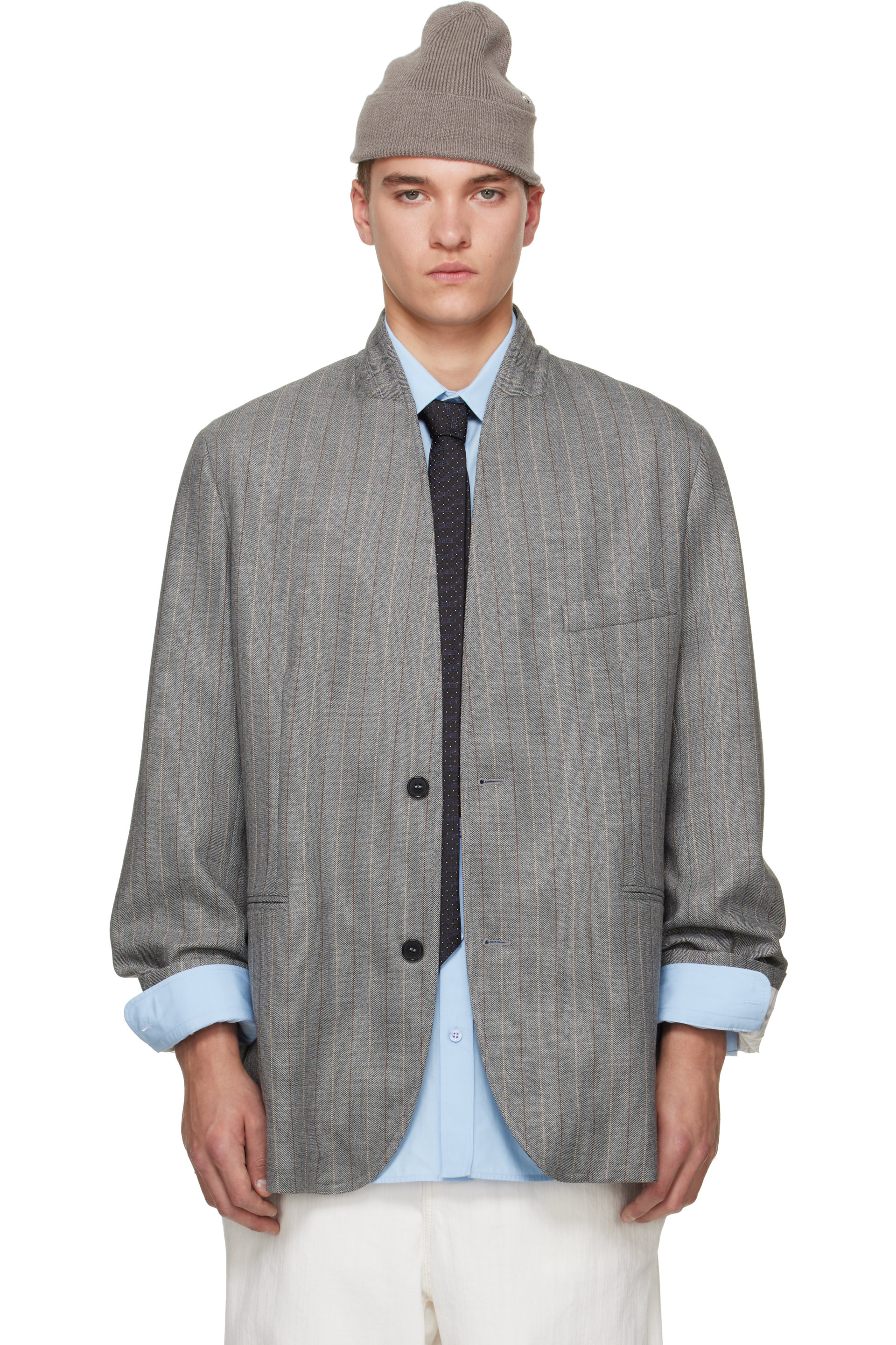 Hed Mayner - Gray Striped Herringbone Blazer