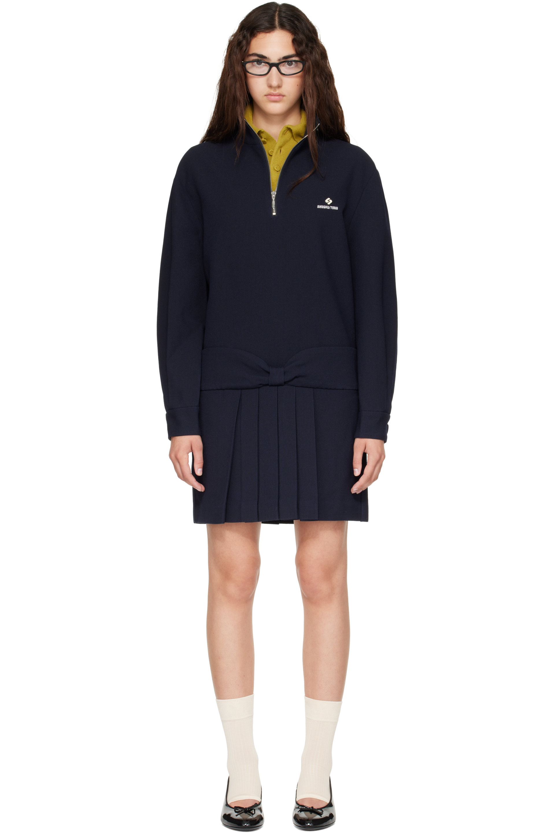 SHUSHU/TONG - Navy Stand Collar Pullover Minidress